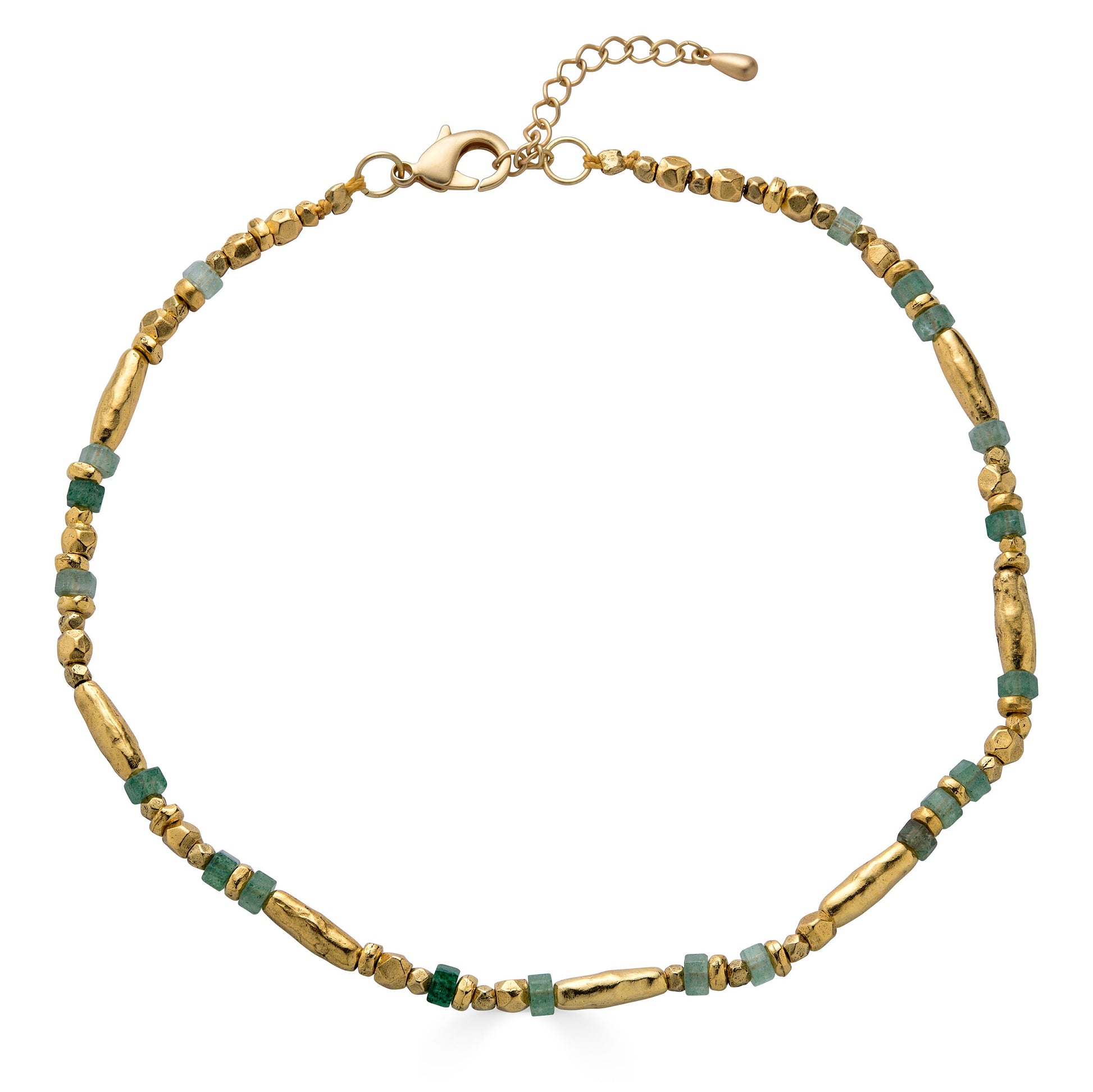 Green strawberry quartz and gold bead necklace with organic textured gold beads.