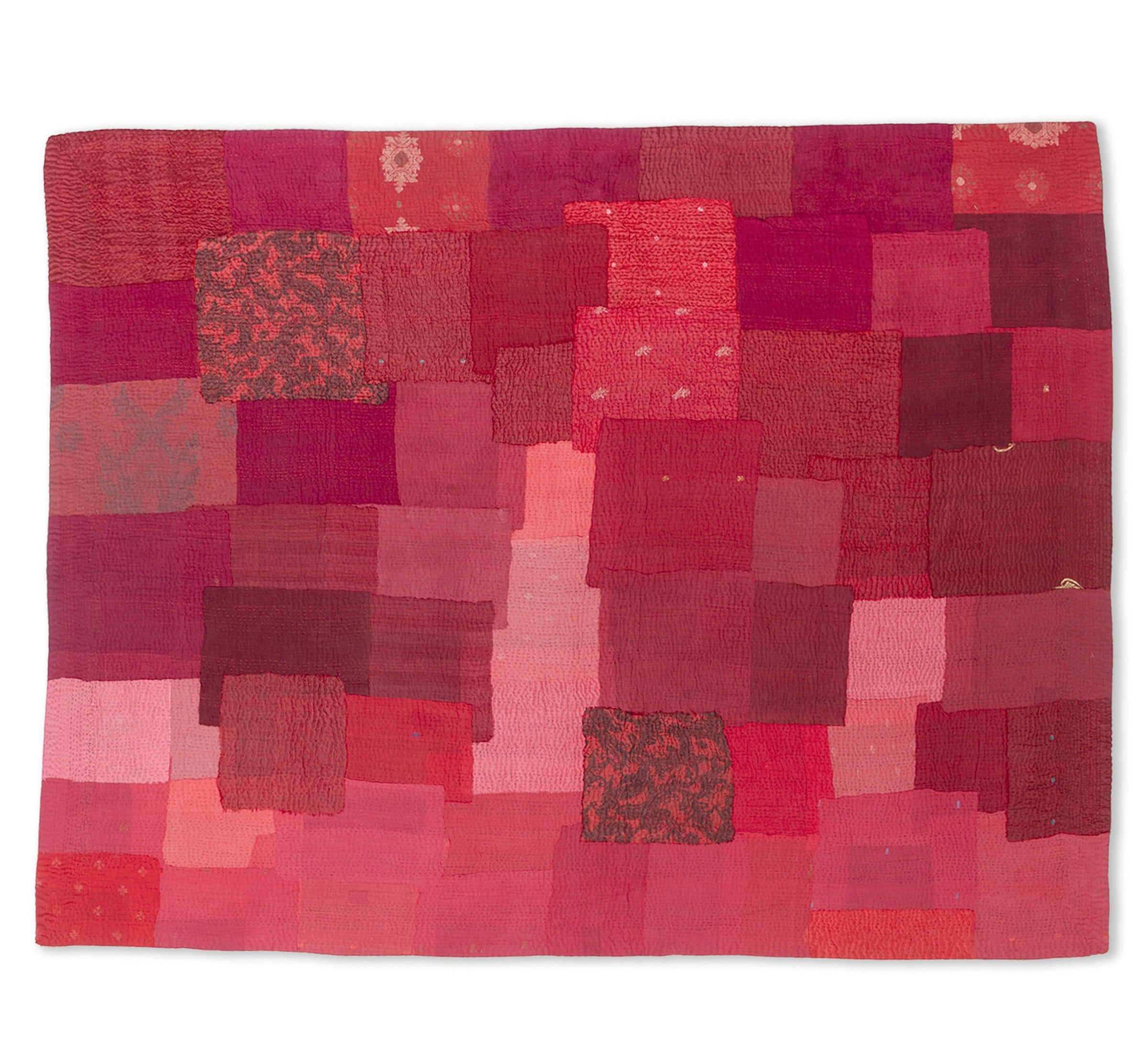 Landscape Fray Patch Handmade Vintage Kantha Throw - Red