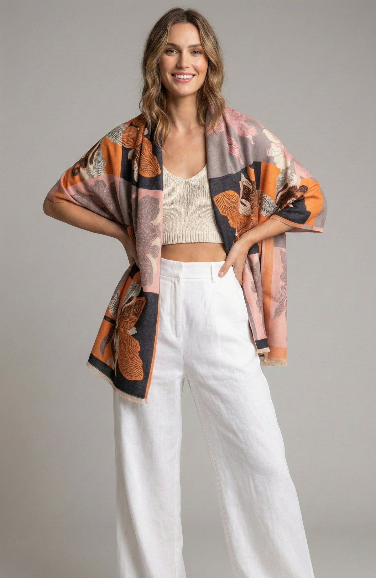 Flower Block Reversible Scarf - Sandy Brown