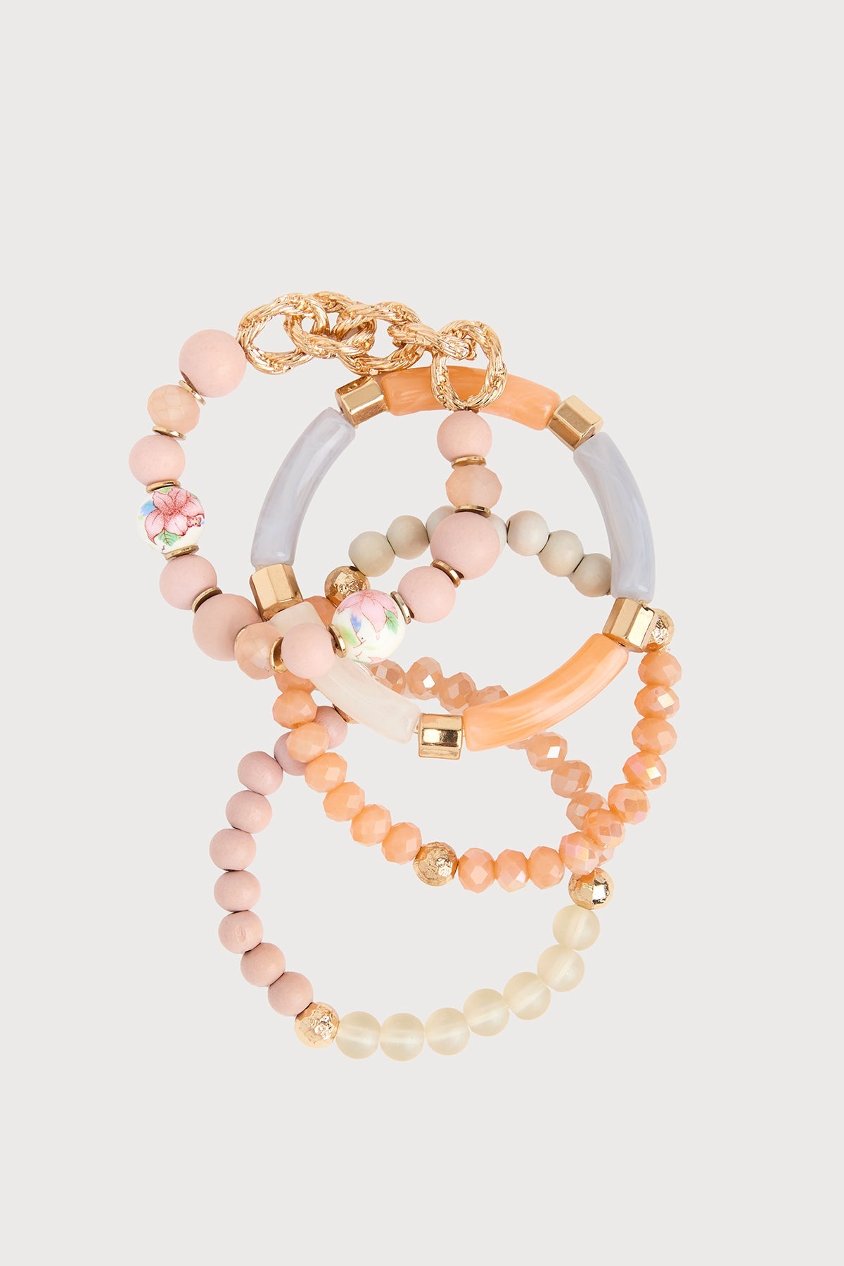 Beaded Wood Chain Link Bracelet Set - Dark salmon