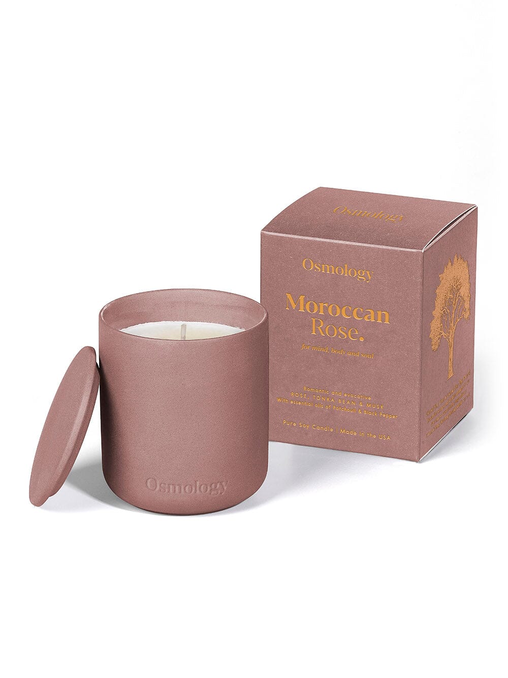 Osmology Moroccan Rose next to box packaging with lid flat with cream background