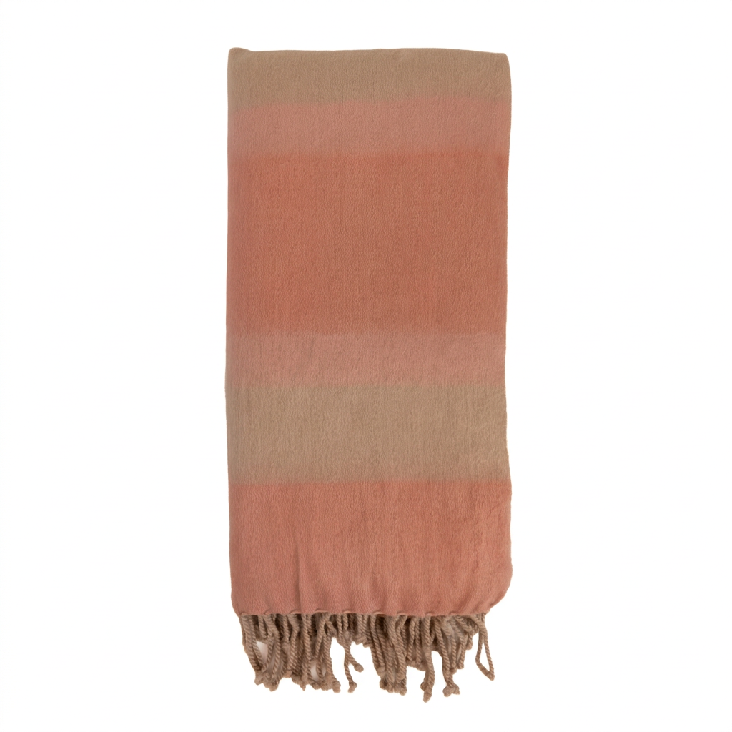 Faded Coral alpaca throw with braided fringe folded, Kallpa Collection