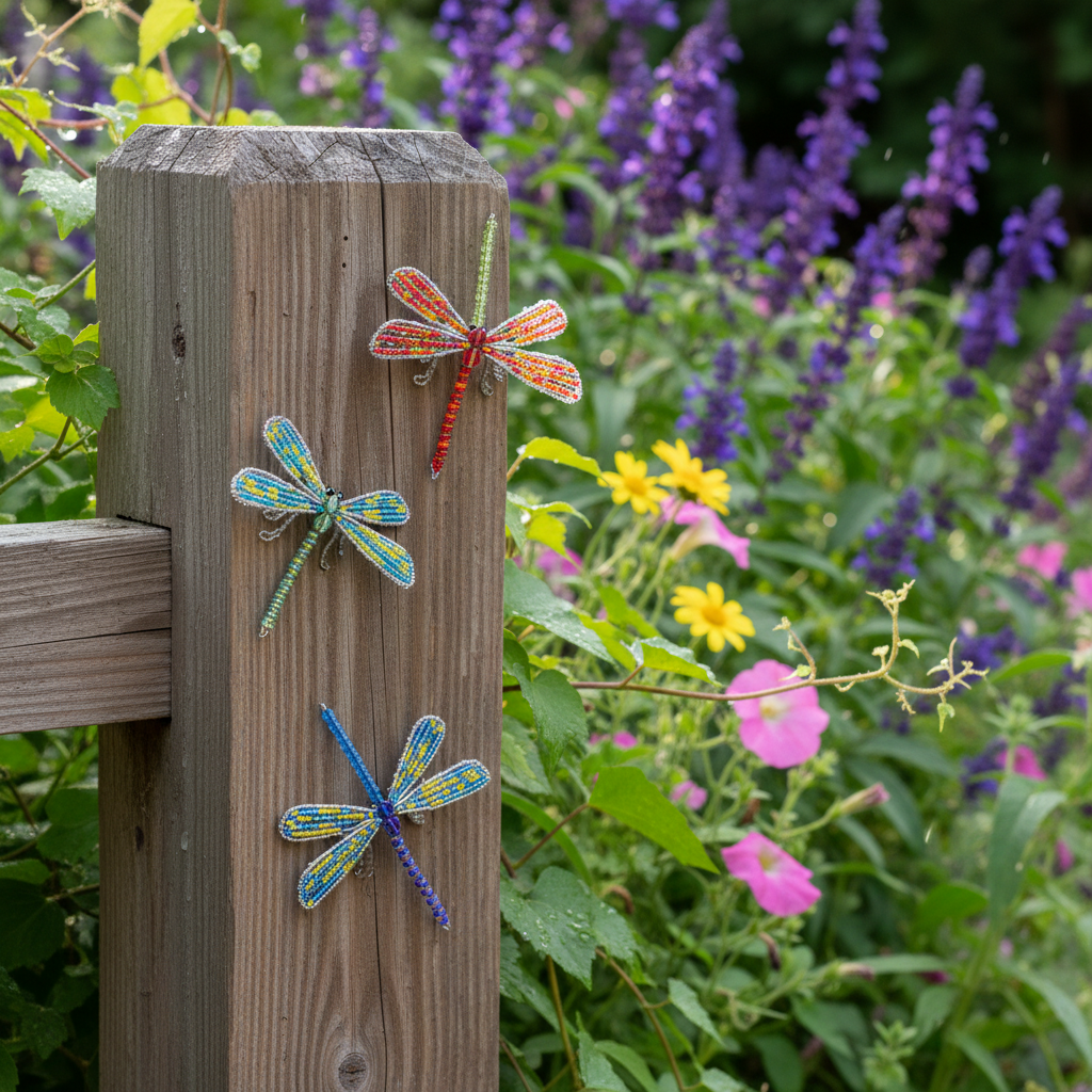 Small beaded dragonfly garden stakes in outdoor flower garden – artisan handcrafted garden decor