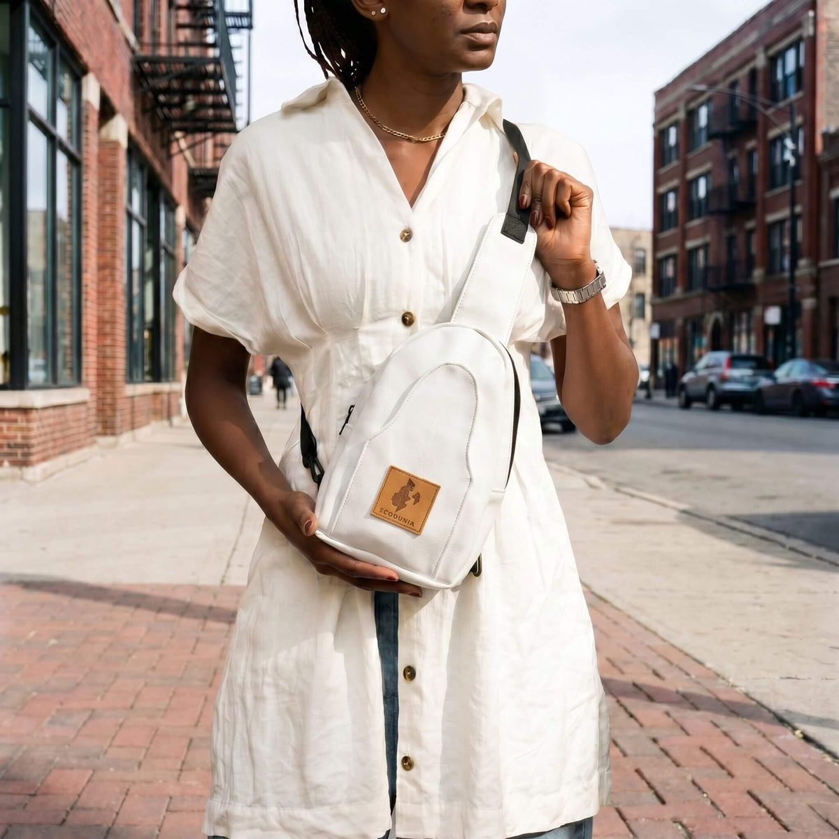 Buru small white vegan leather crossbody sling bag — Ecodunia #color_white