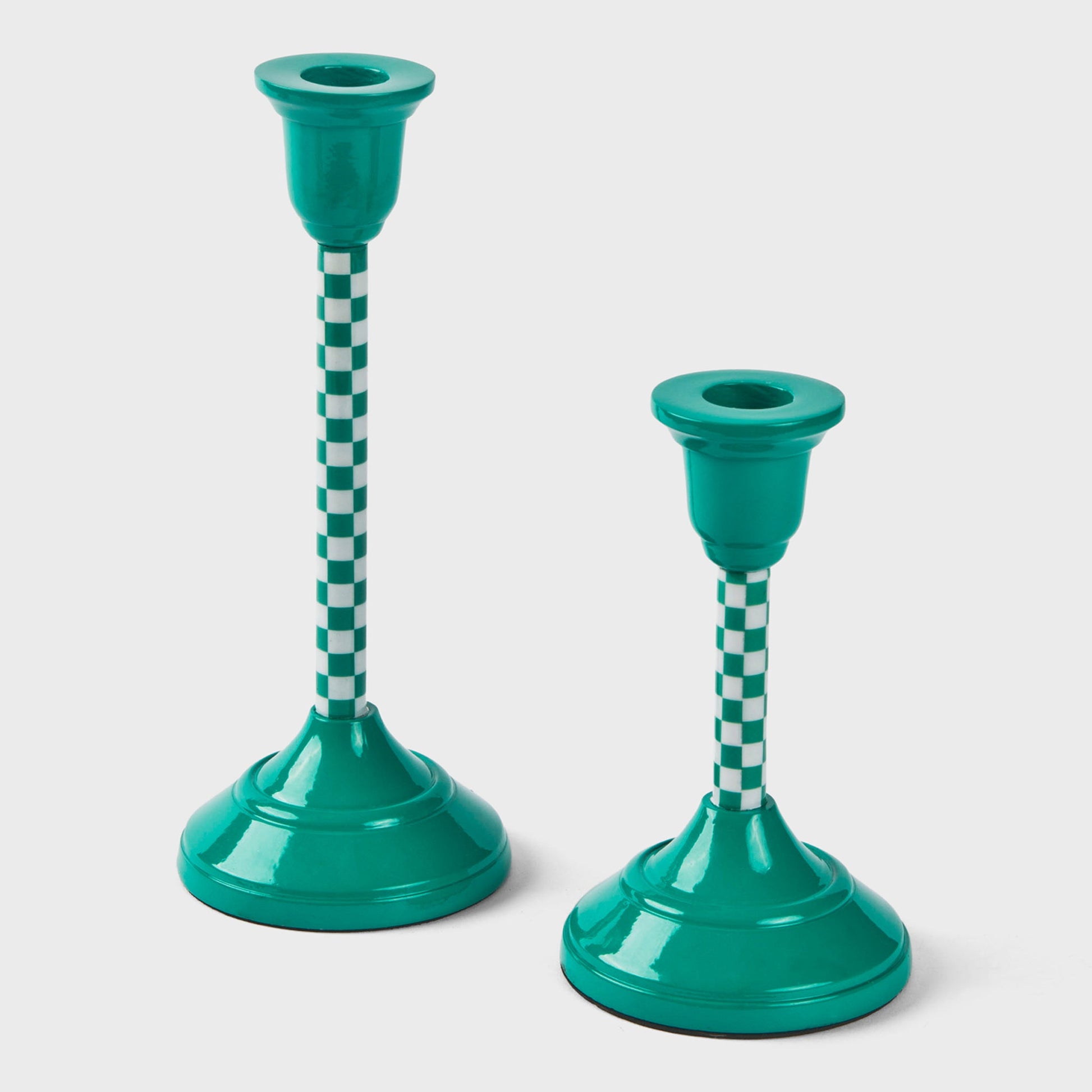 Fresh and contemporary jade mint candlestick with a playful checkered motif, perfect for a pop of color.