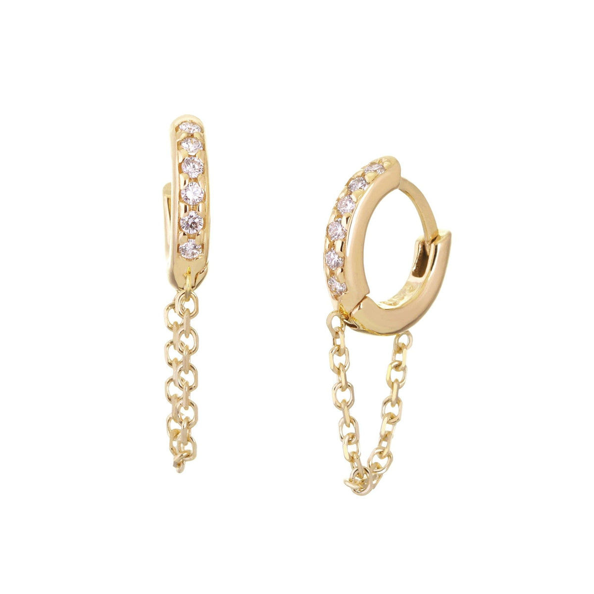 Gold hoop earrings with dangling chains from 12.5mm Diamond and 14K Gold Huggies