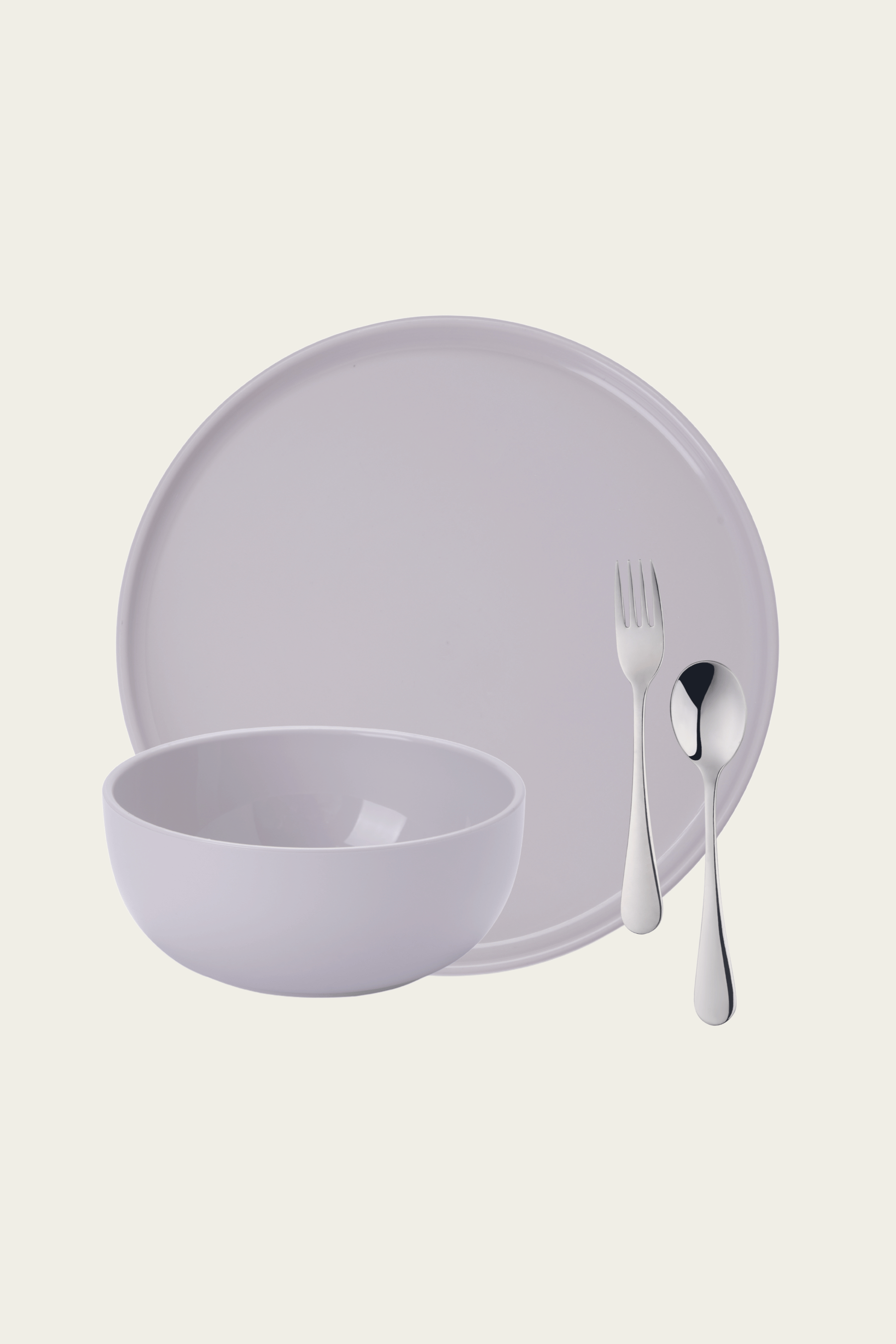 Complete dish ware set in gray including a plate, bowl and silverware
