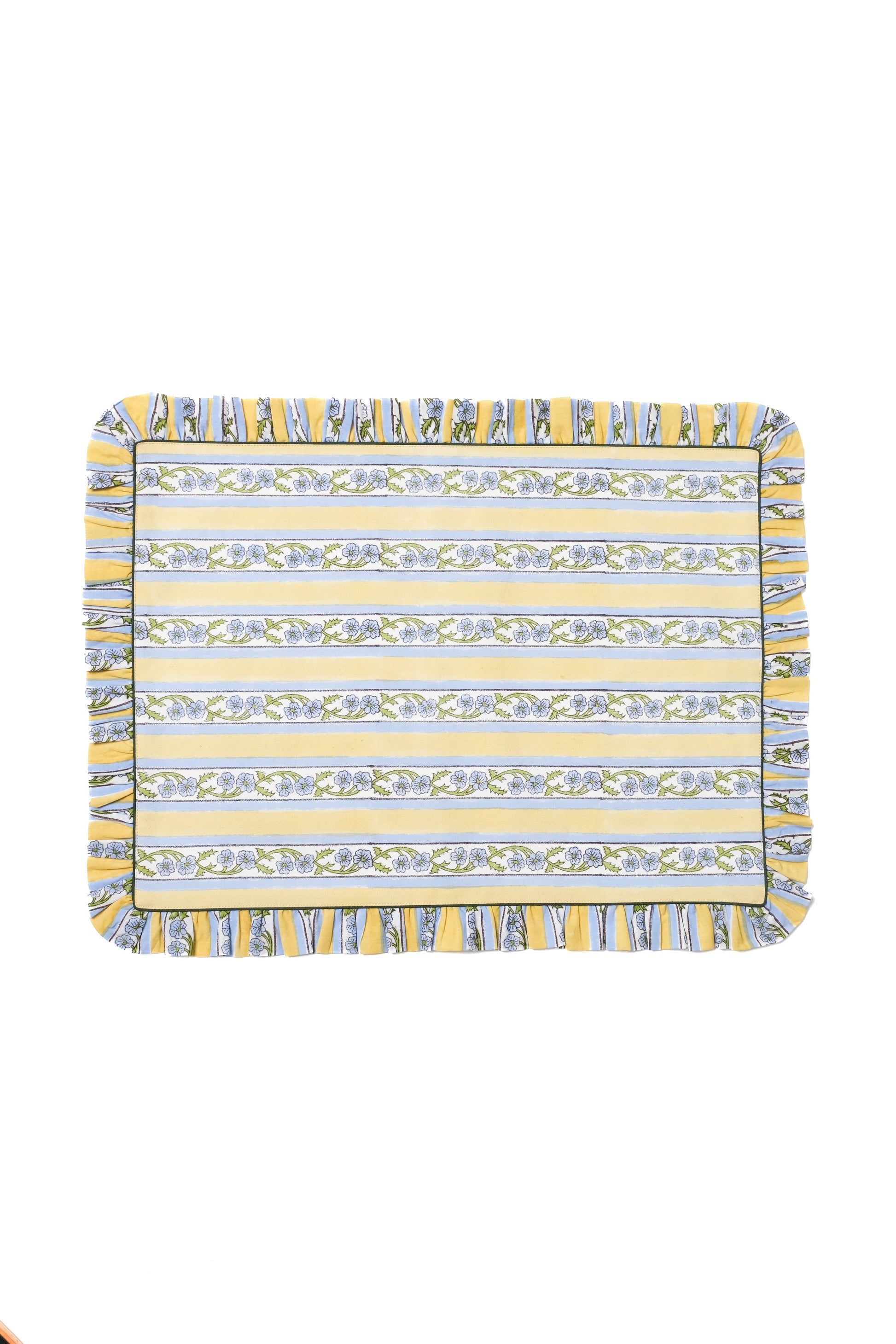 Butter yellow Provence blockprint placemat with striped pattern