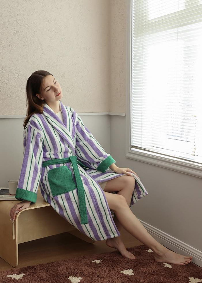 Ultra Soft Whimsical Retro Stripe Bathrobe - 100% Organic Long - stapled Cotton - Whimsical Retro Stripe Bathrobe - INSPECIAL HOME
