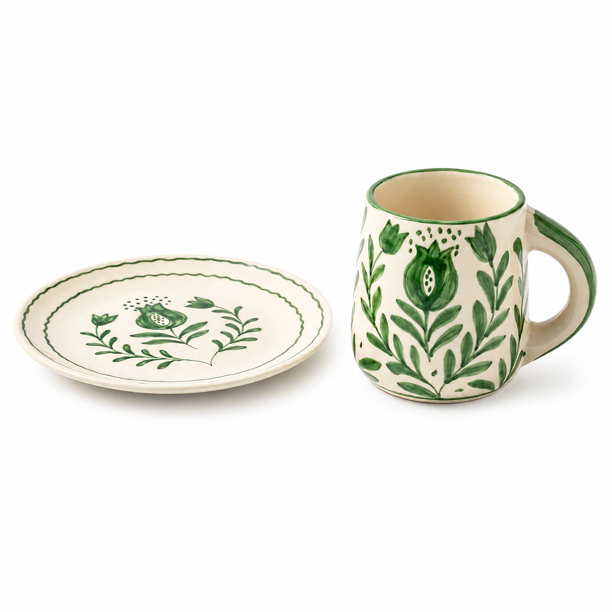 S/2 Green Anaar Ceramic Breakfast Set - Coffee Cup & Side Plate