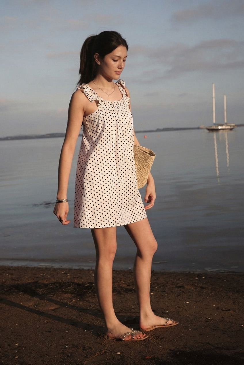 Mila Milk women's white polka dot cotton summer dress, harbourside, looking toward the water