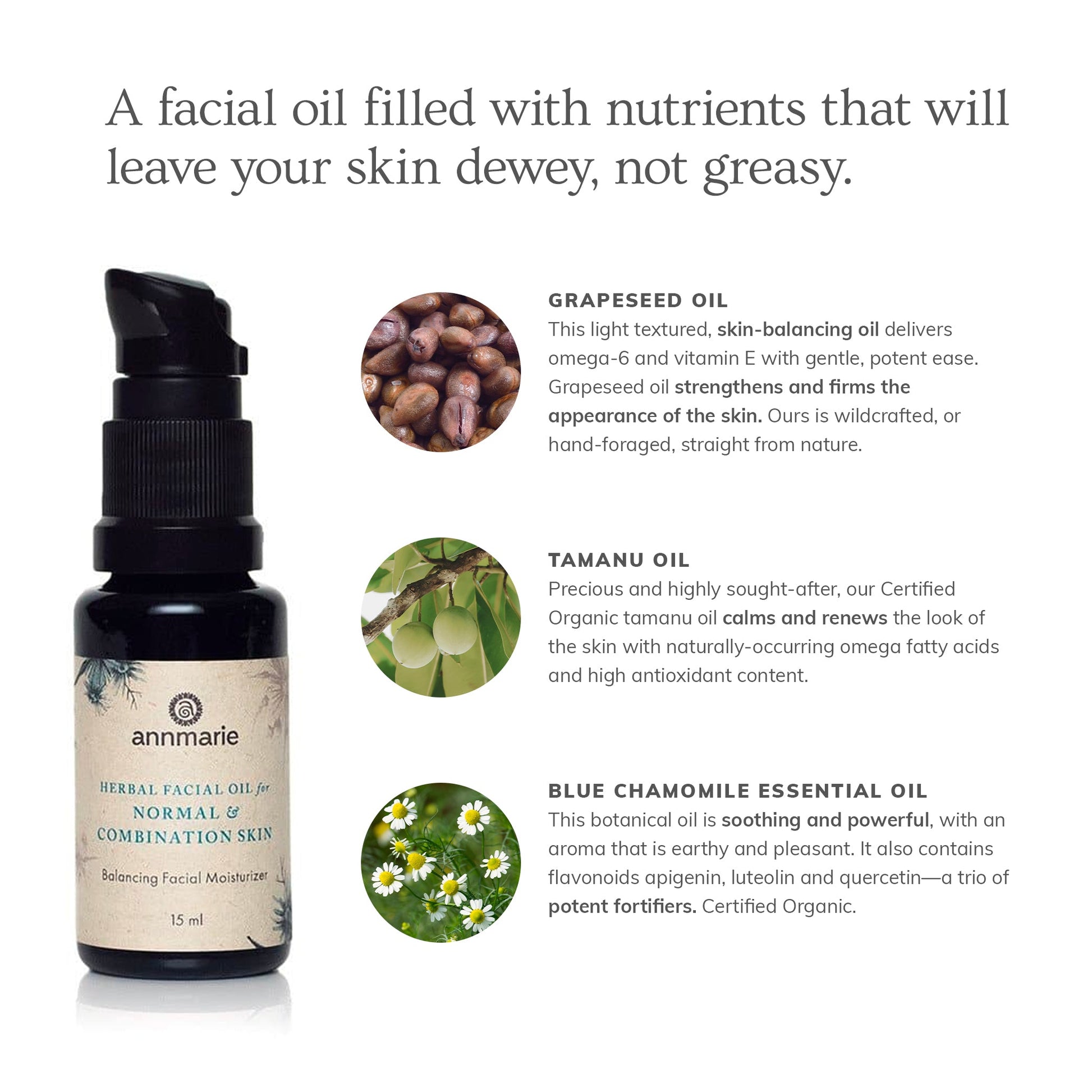 Herbal Facial Oil for normal and combination skin ingredient guide featuring grapeseed oil, tamanu oil, and blue chamomile.