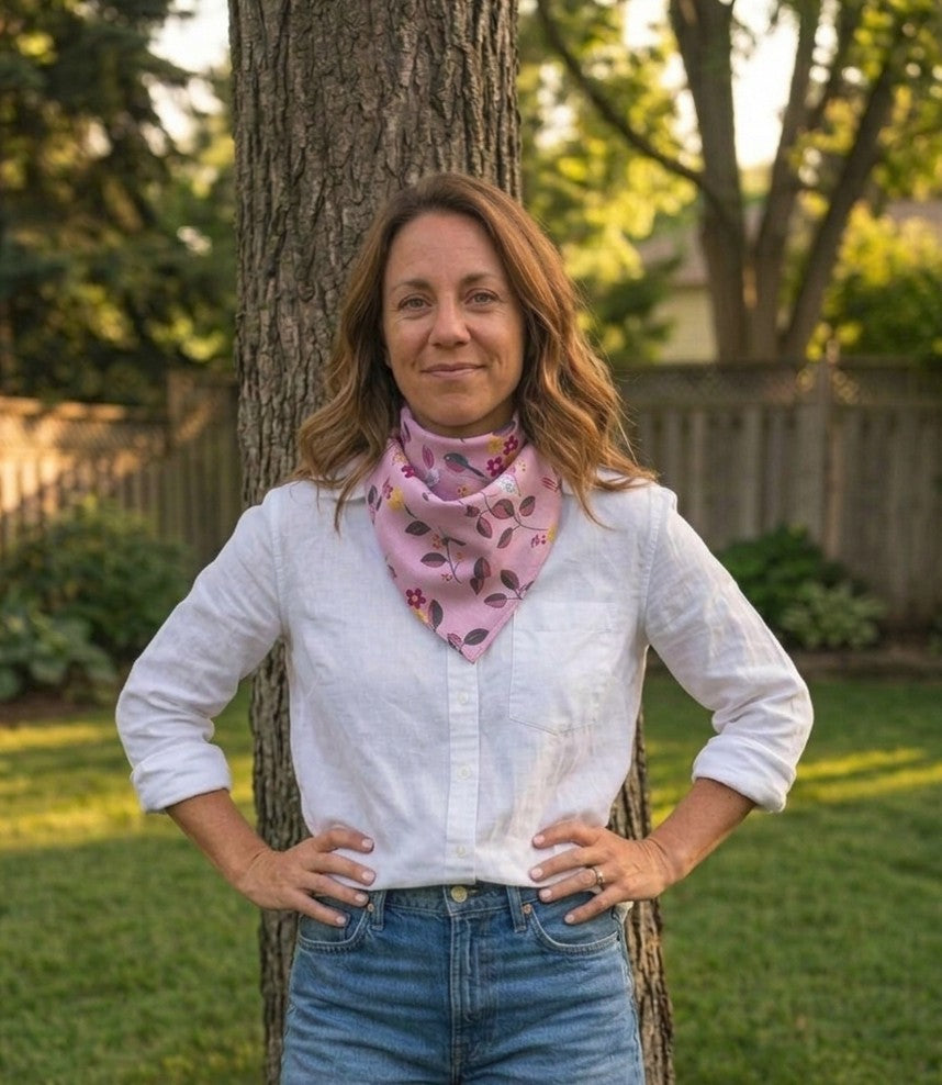 Bandana Scarf - Birdie on a Vine Blush Square Worn