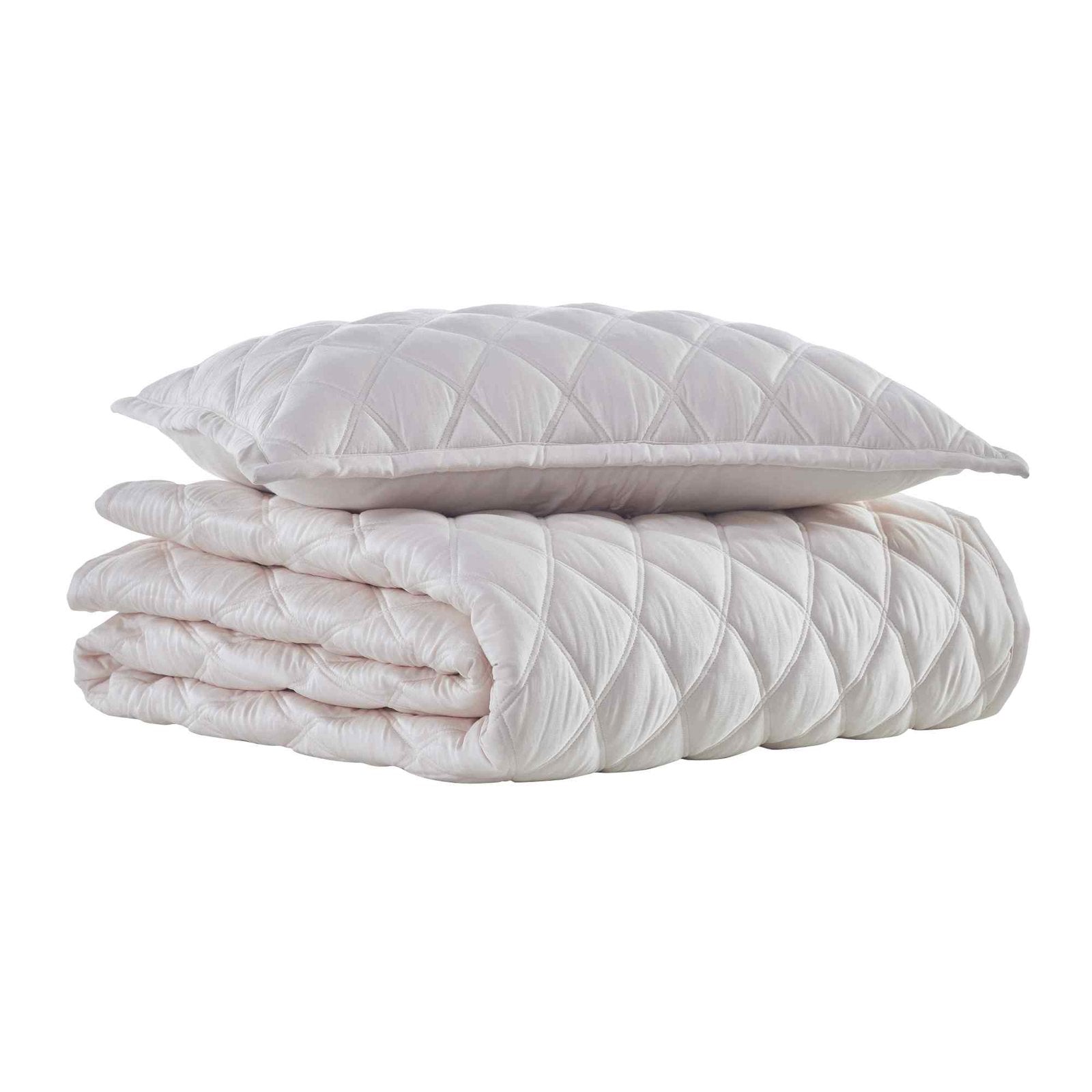CL-180-11096_5|Folded cream diamond-quilted coverlet set with matching pillow, ready for elegant bedroom styling or cozy comfort.