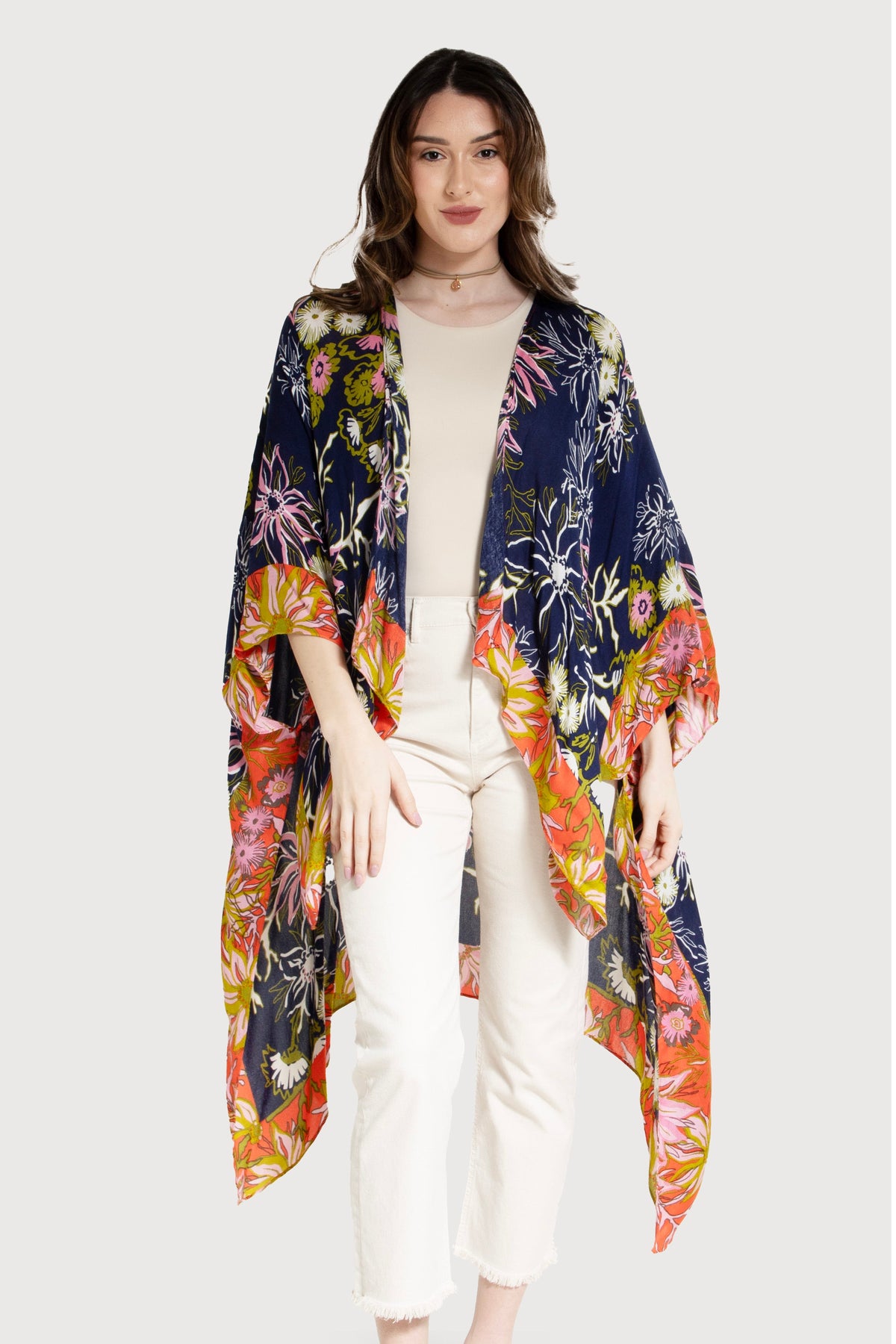 Vibrant Pattern Floral Kimono - Navy