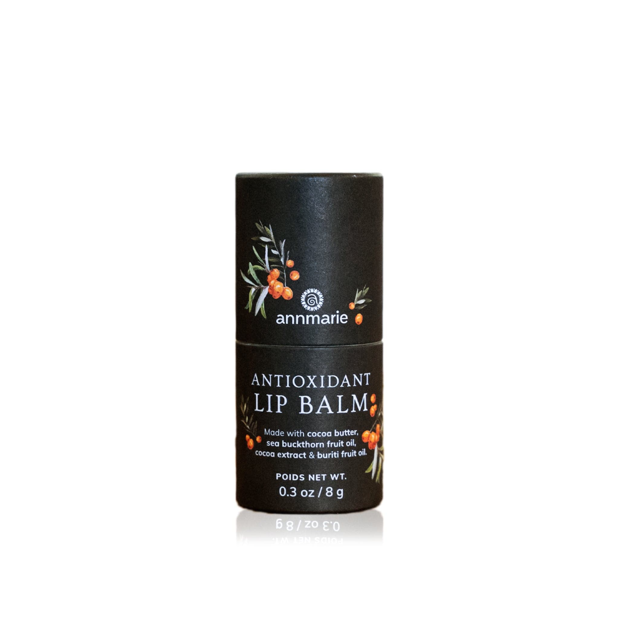 Antioxidant Lip Balm in black tube packaging with seabuckthorn botanical design, made with cocoa butter, sea buckthorn fruit oil, cocoa extract, and buriti fruit oil.