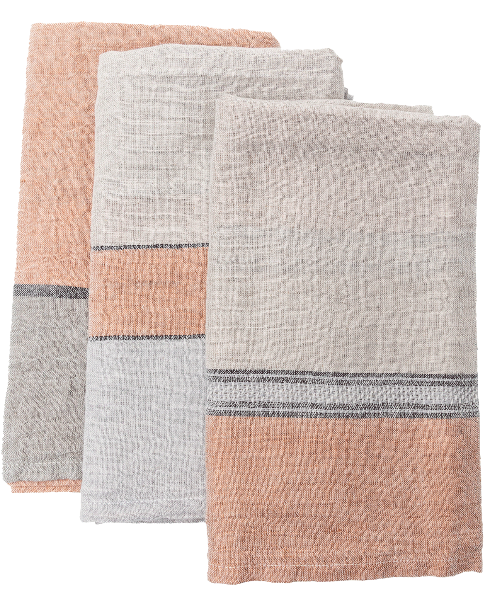 Three folded towels with striped patterns in pink, gray, and beige on a white background.