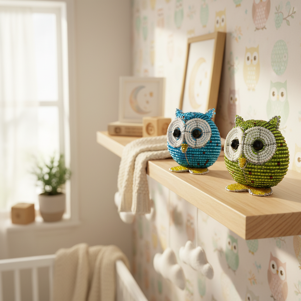 Beaded baby owl set of 3 displayed on nursery shelf with pastel decor – 10OWLBS1