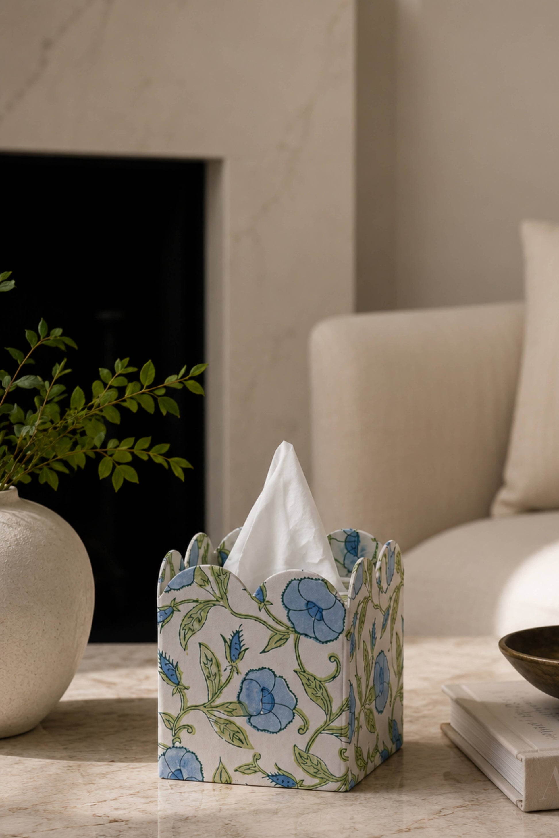 Block Print Tissue Box Cover-Inaya Powder Blue(Collapsible)