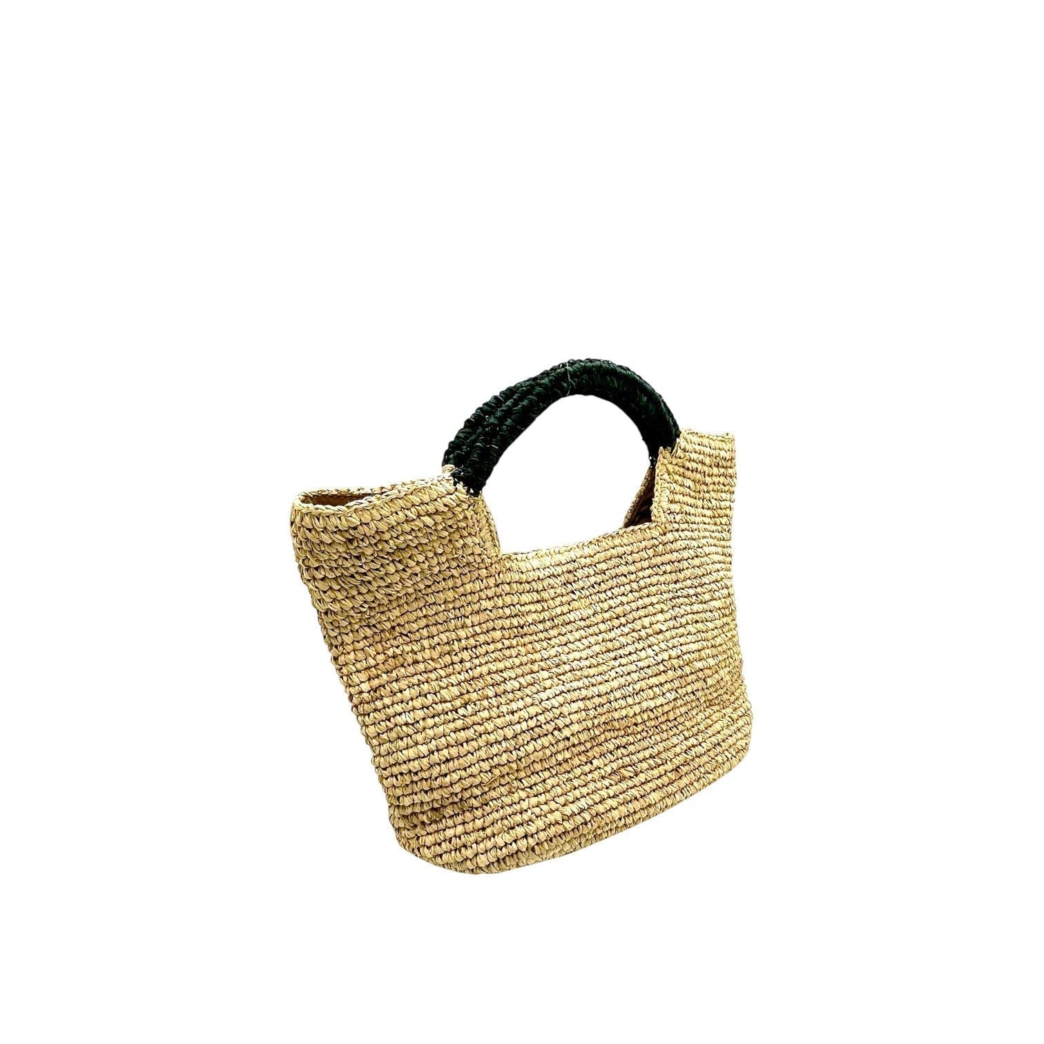 Shop Sarah Stewart The Opal raffia tote bag with black handles, cotton lining, and snap closure.