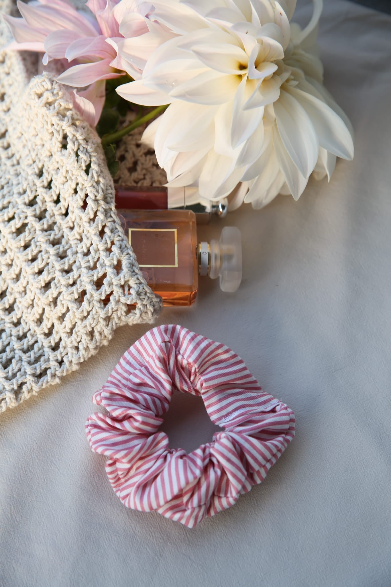 Stella Lounge Set Pink scrunchie — matching pink stripe cotton scrunchie accessory
