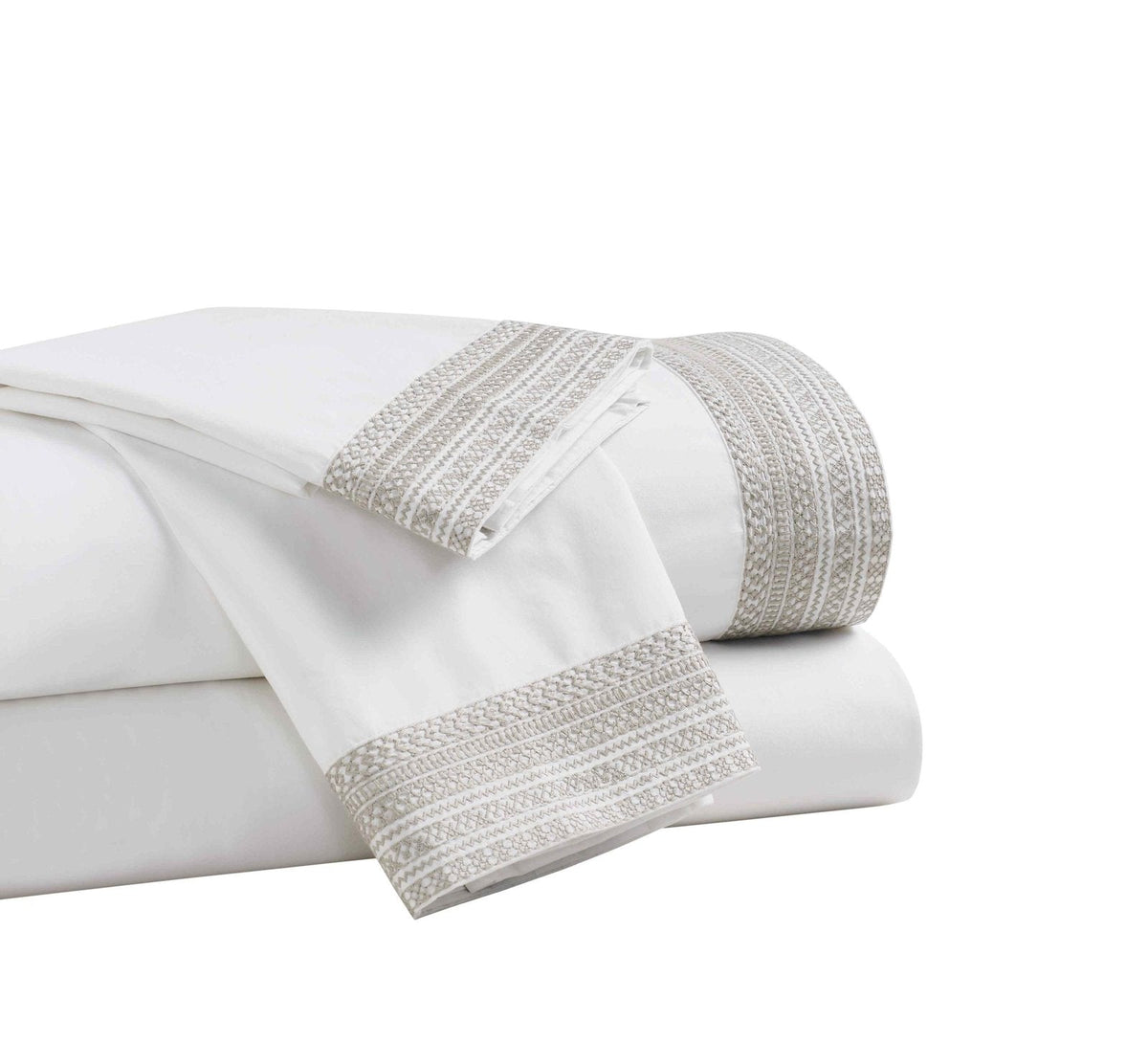 CSS-501-7284_3|Luxurious white 100% cotton sheets with a sophisticated woven grey trim, providing soft and breathable comfort.
