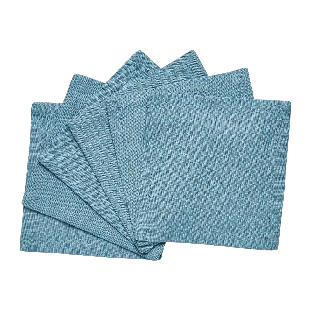 CNP-4902-66_2|Fanned set of durable turquoise blue linen napkins against a clean white background, showcasing their crisp texture.