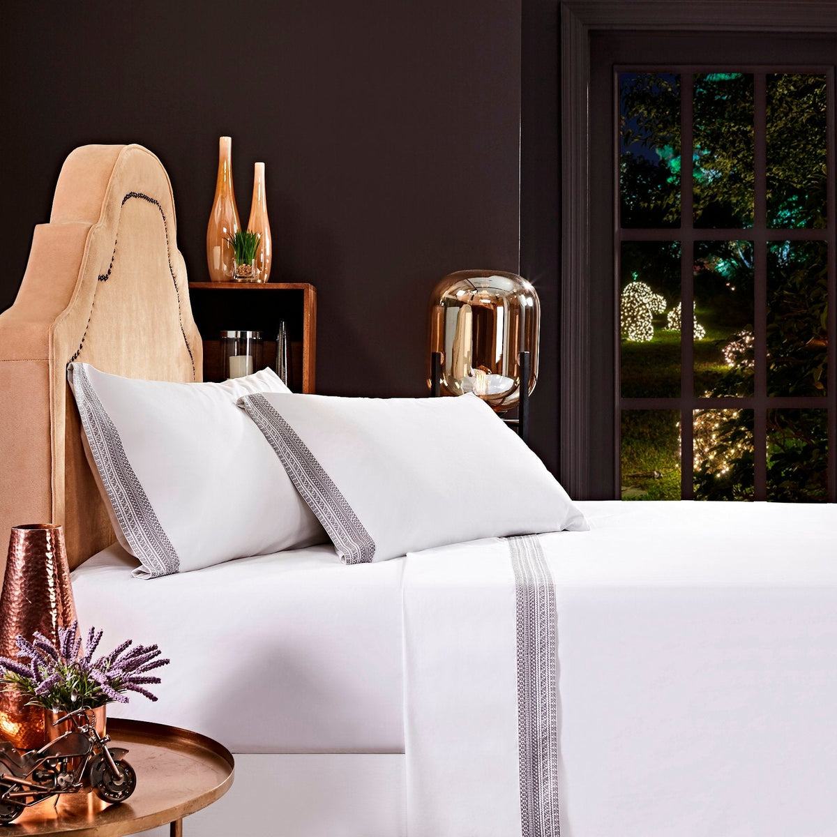 QSS-502-6080_1|White 100% cotton sheets with elegant decorative trim, draped neatly on a bed, offering soft, breathable comfort.