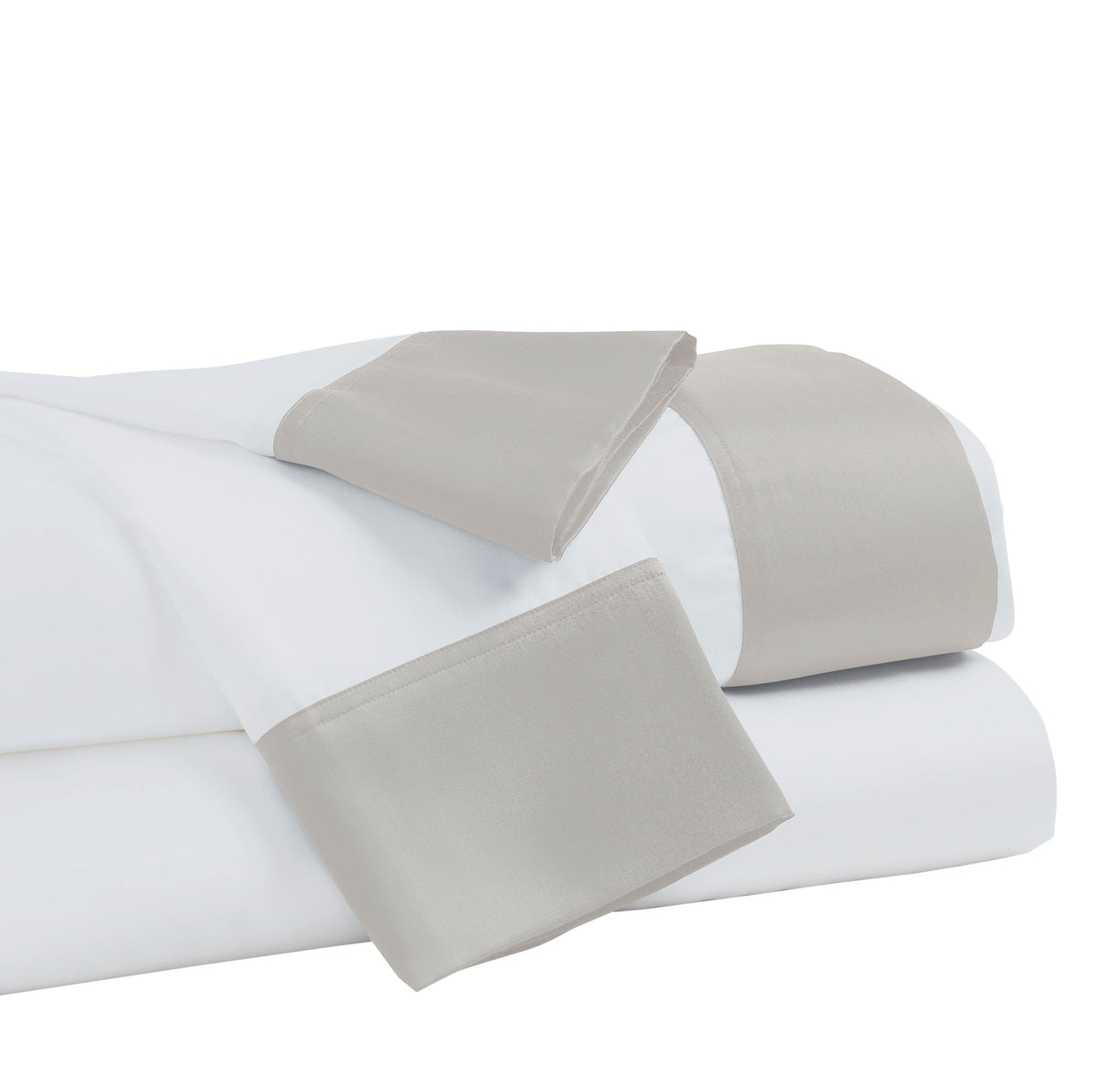 CSS-529-7284_4|Folded crisp white 100% Lyocell sheet with a sophisticated beige border detail, soft and luxurious bedding.