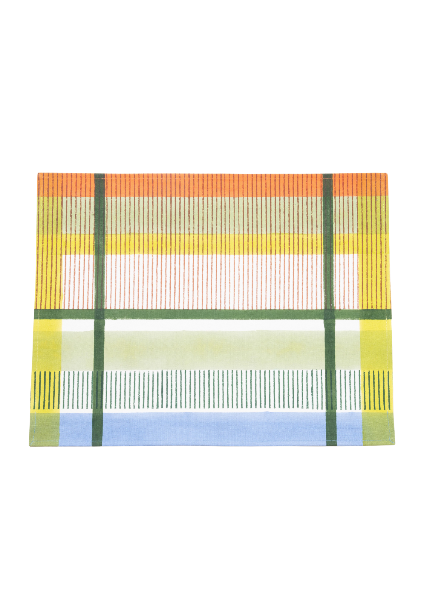 Modernist striped placemat with vibrant orange, yellow, green, blue patterns
