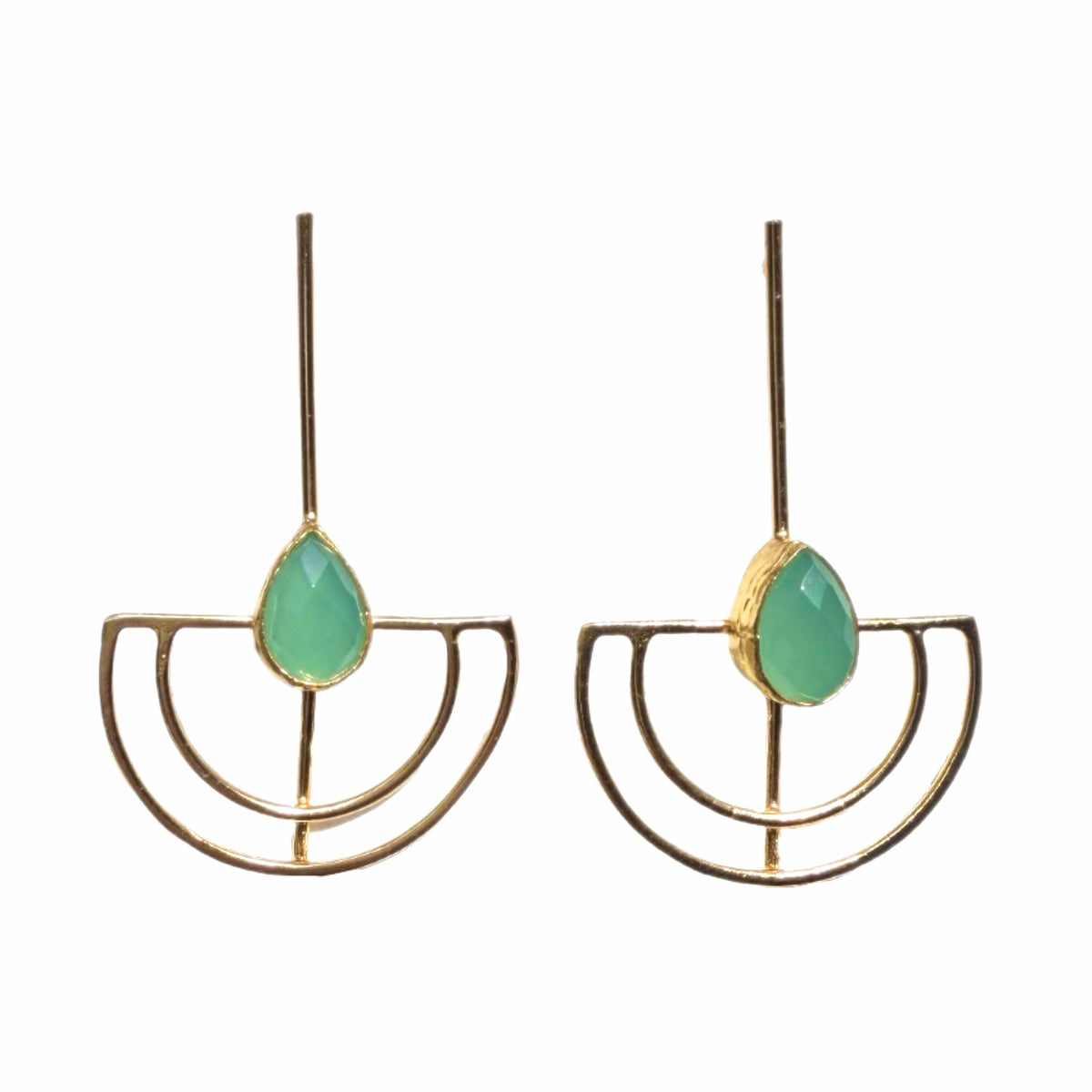 Gold-plated artisanal sustainable contemporary long aqua chalcedony earrings on a white surface