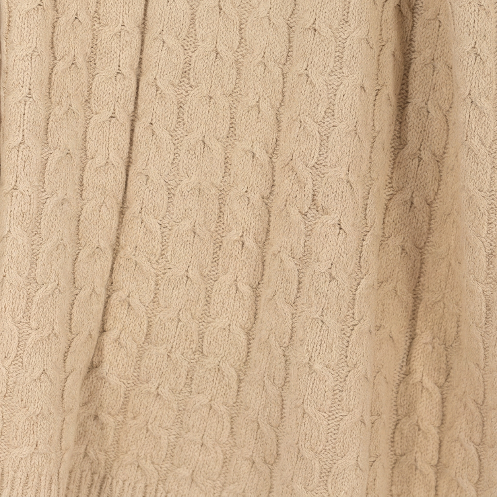 Light Tan hand-finished undyed baby alpaca & Peruvian Pima cotton cable knit throw blanket, Muru Collection, made in Peru
