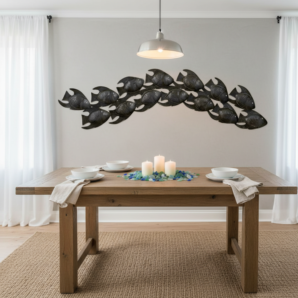 Getting Along Swimmingly - Haitian metal fish wall art in coastal dining room setting