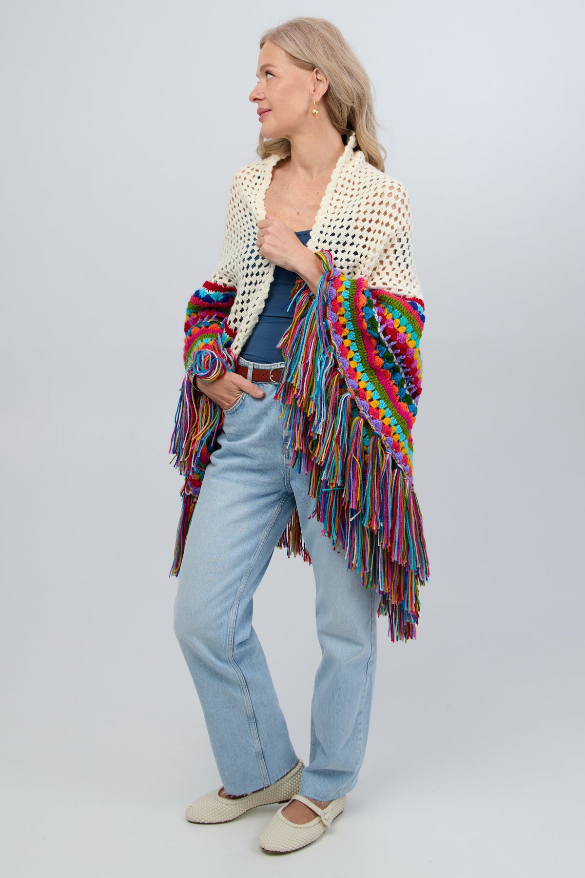 Rainbow Crochet Fringe Wrap - White