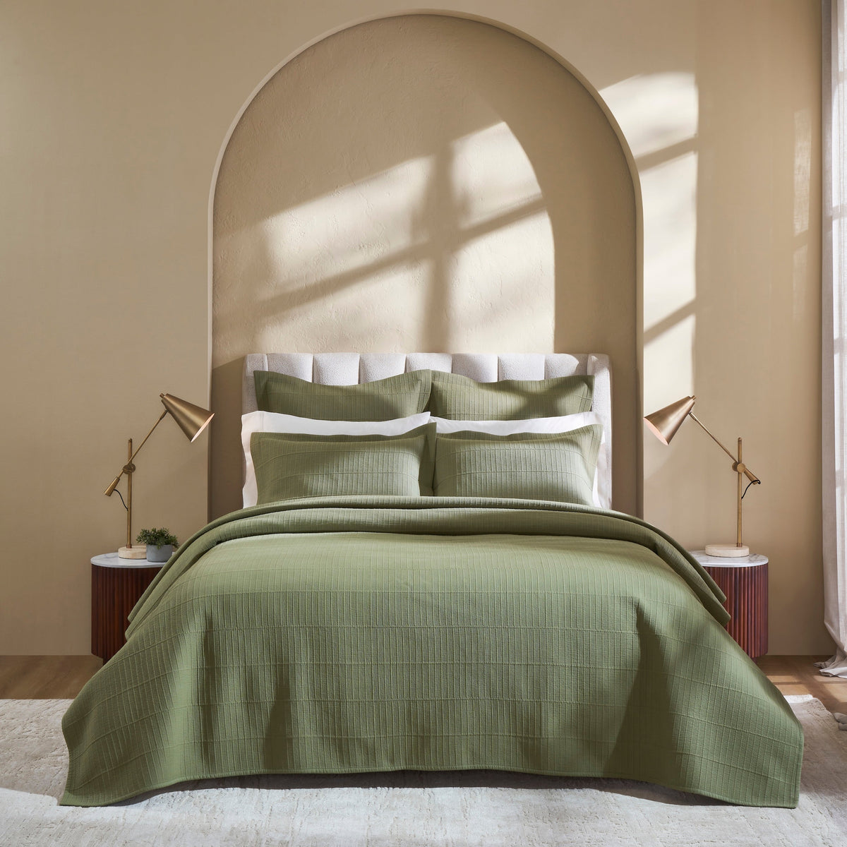 CL-270-9496_2|Stylish bedroom with a sage green textured cotton blend coverlet on a queen bed, complementing contemporary decor.