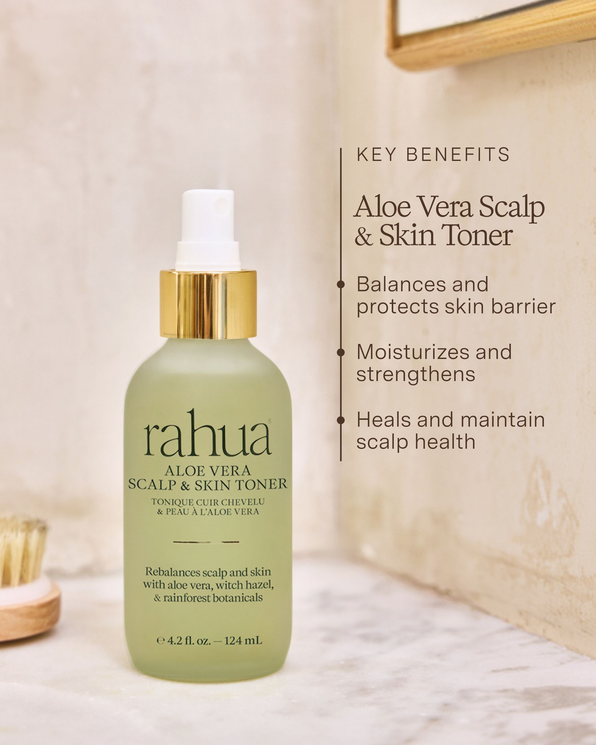 Rahua aloe vera scalp and skin toner bottle with key benefits text on a neutral background|variant:42-oz