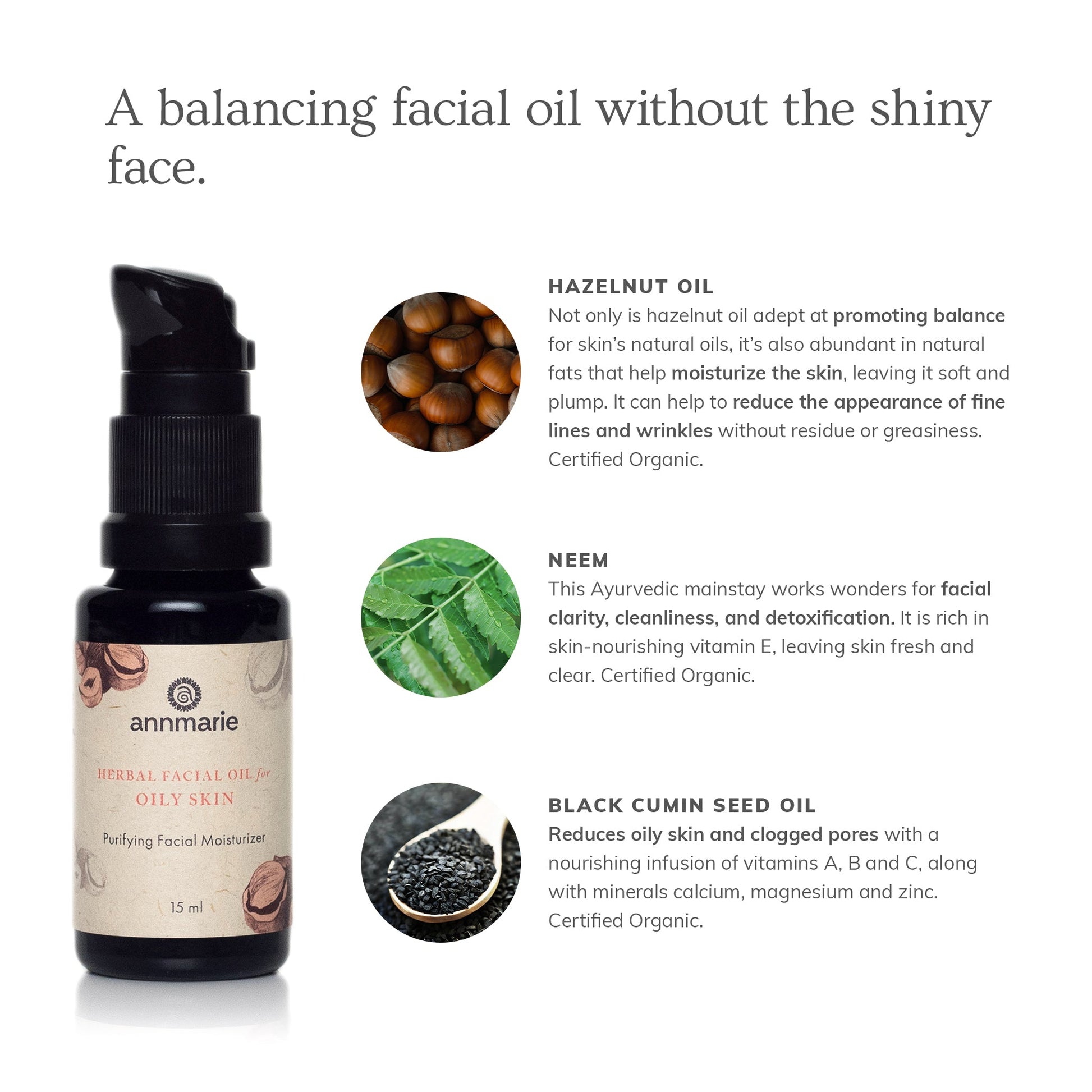 Herbal Facial Oil for oily skin with hazelnut oil, neem, and black cumin seed oil for balanced, clear skin.