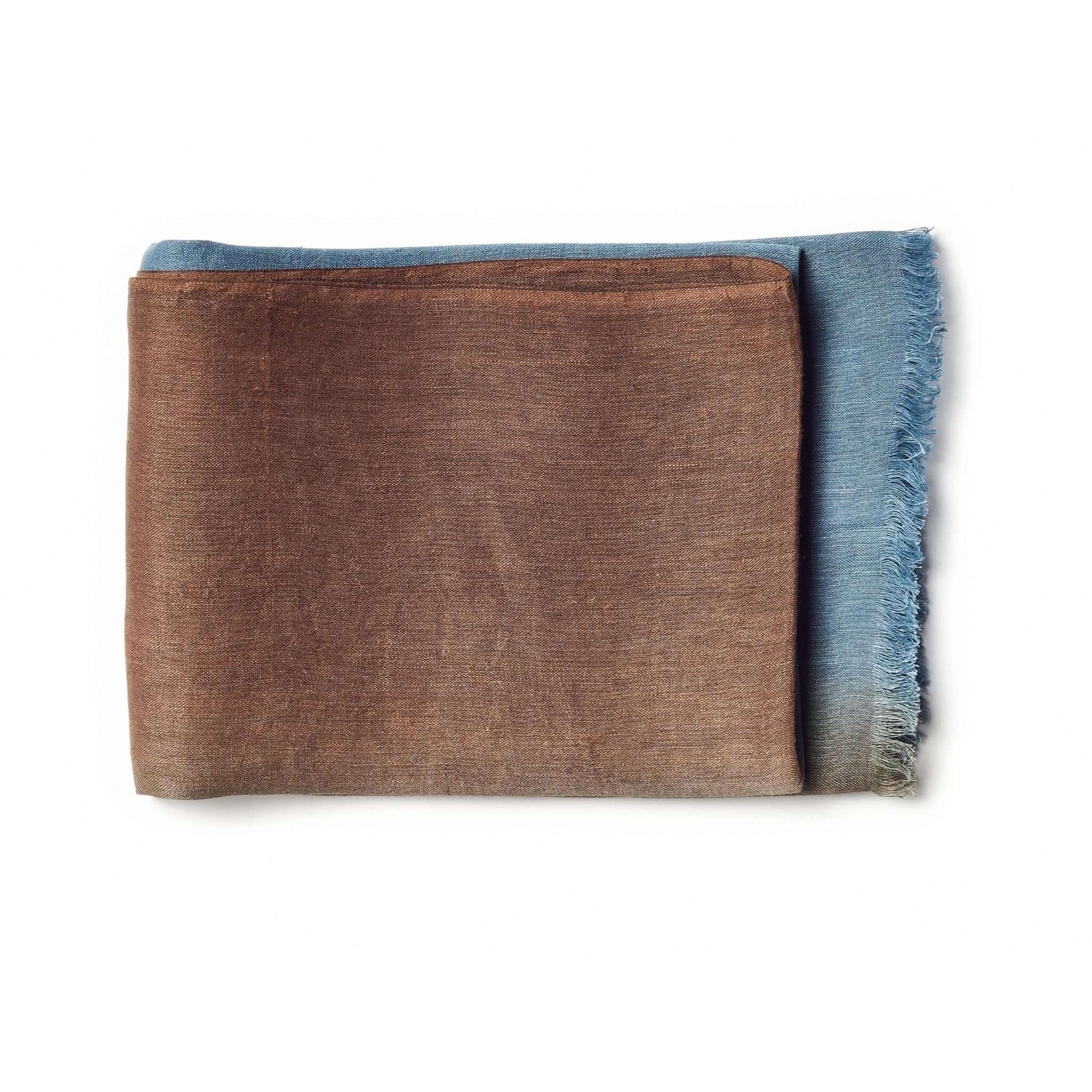 Mahogany Sky Brown Blue Ombre Linen Silk Handloom Scarf folded neatly on a white background.