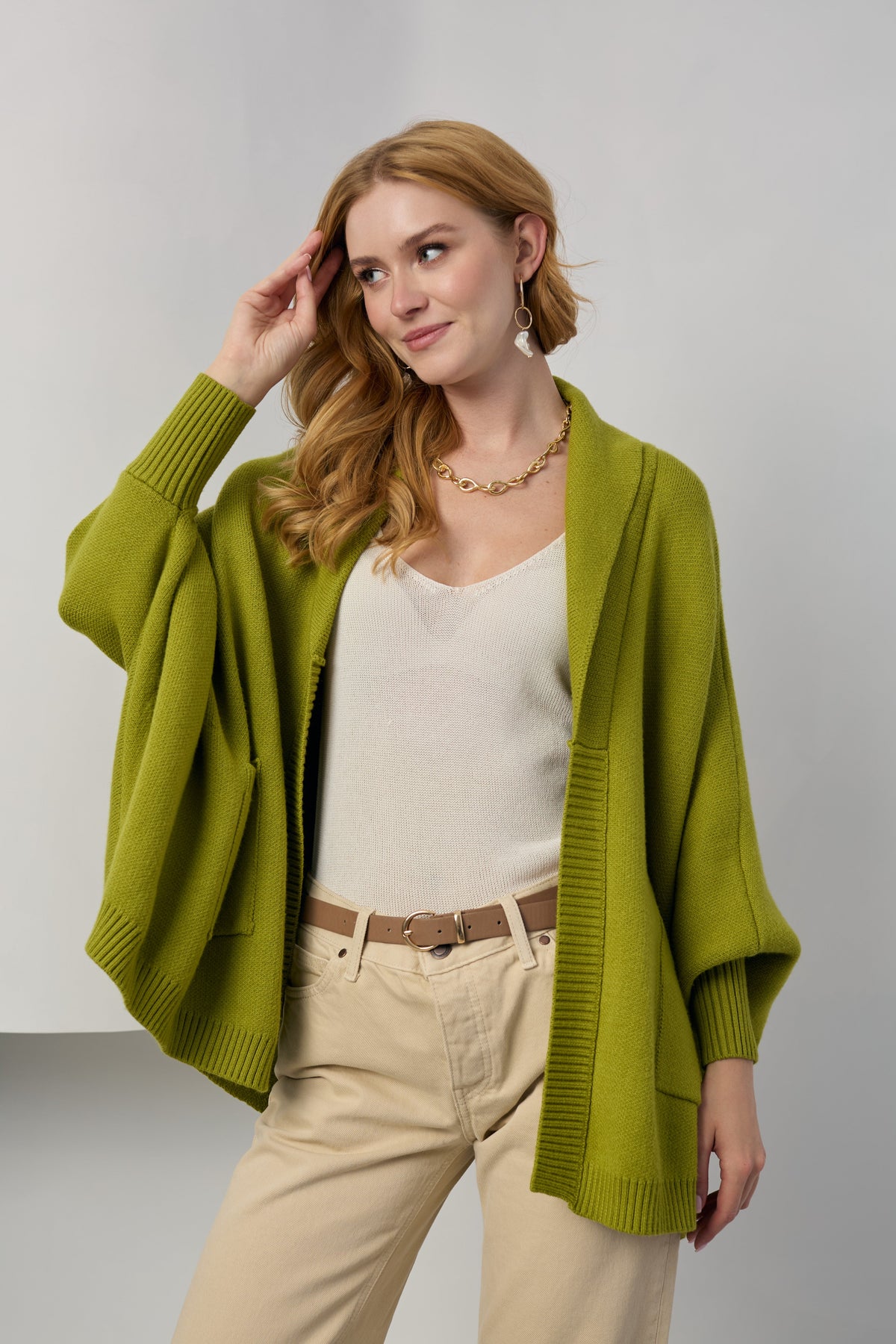 Open Front Oversized Cardigan Sweater - Lime