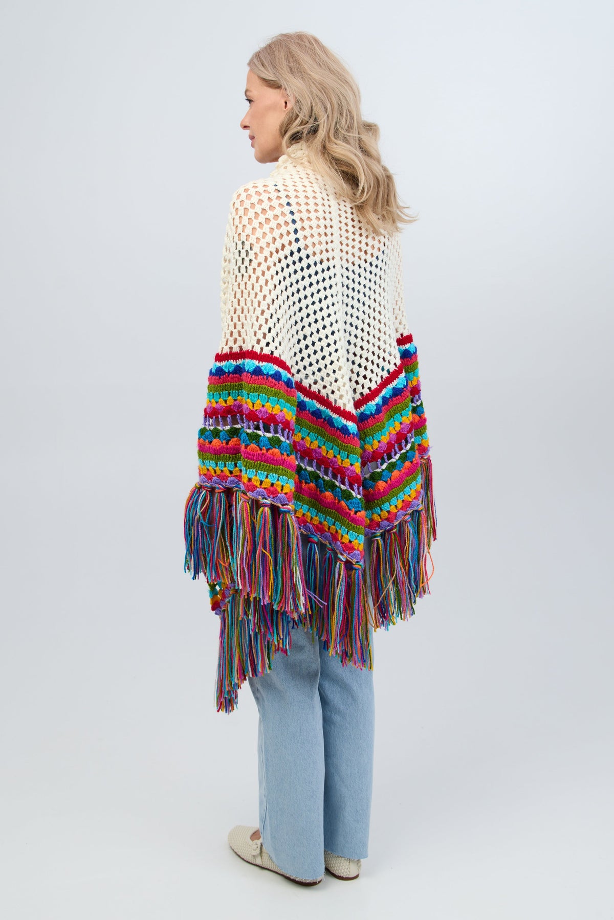 Rainbow Crochet Fringe Wrap - White