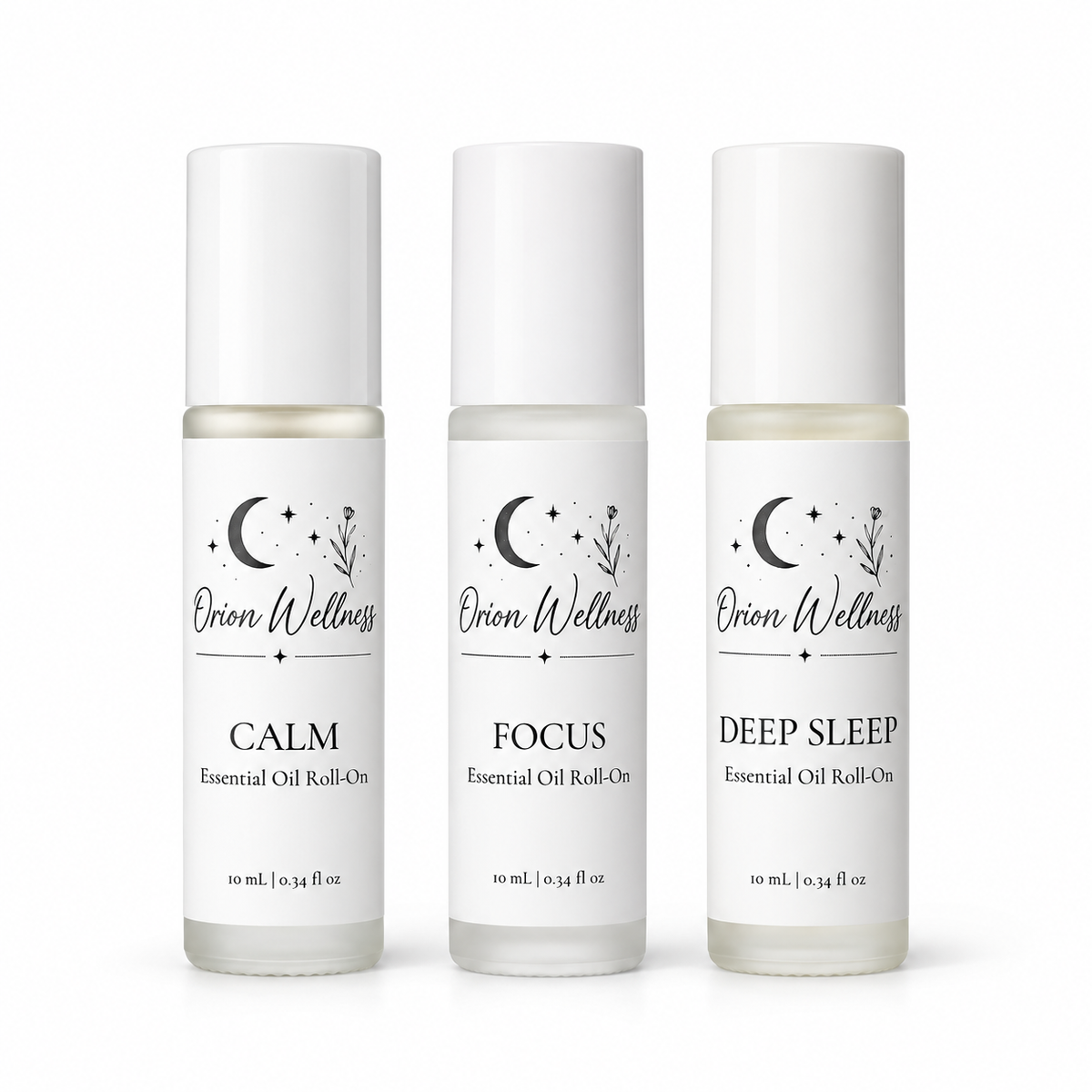 Calm + Focus + Deep Sleep Aromatherapy Roll-On Trio by Orion Wellness on a white background