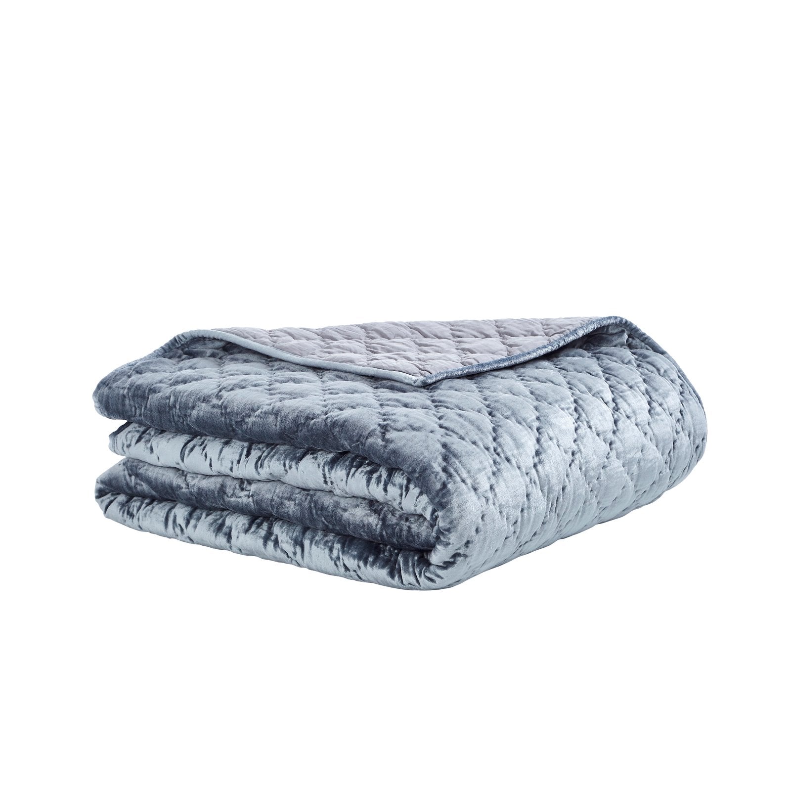 QT-341-9496_5|Folded light blue-grey velvet quilt with classic diamond quilting pattern. Soft, luxurious texture for inviting bedrooms.
