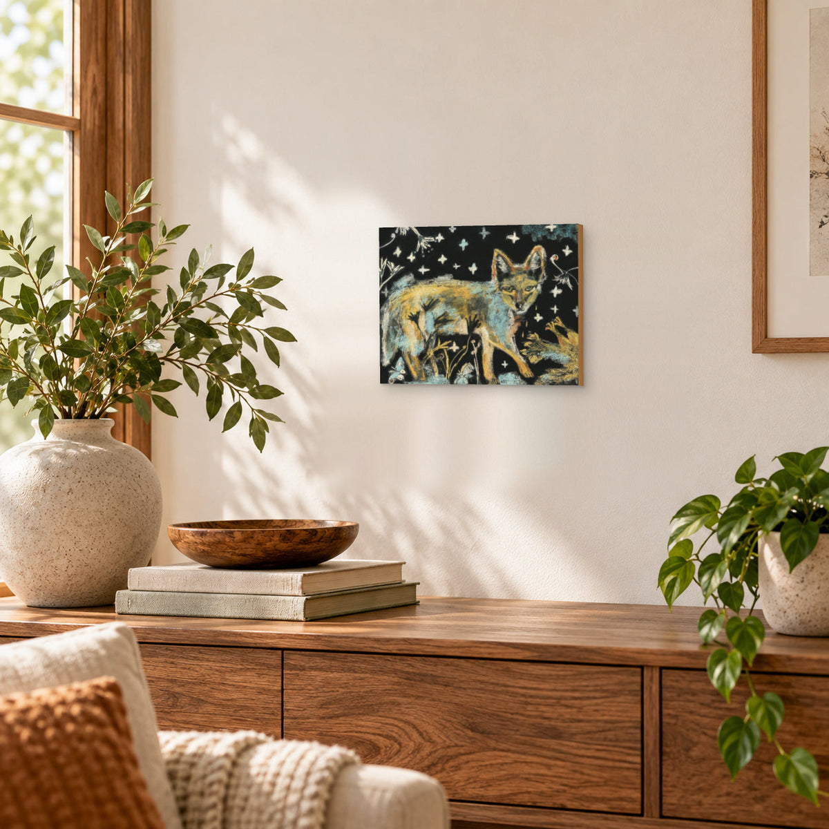 14×11 Nighttime Coyote and Chicken art print on gesso board hanging on a wall in a styled room