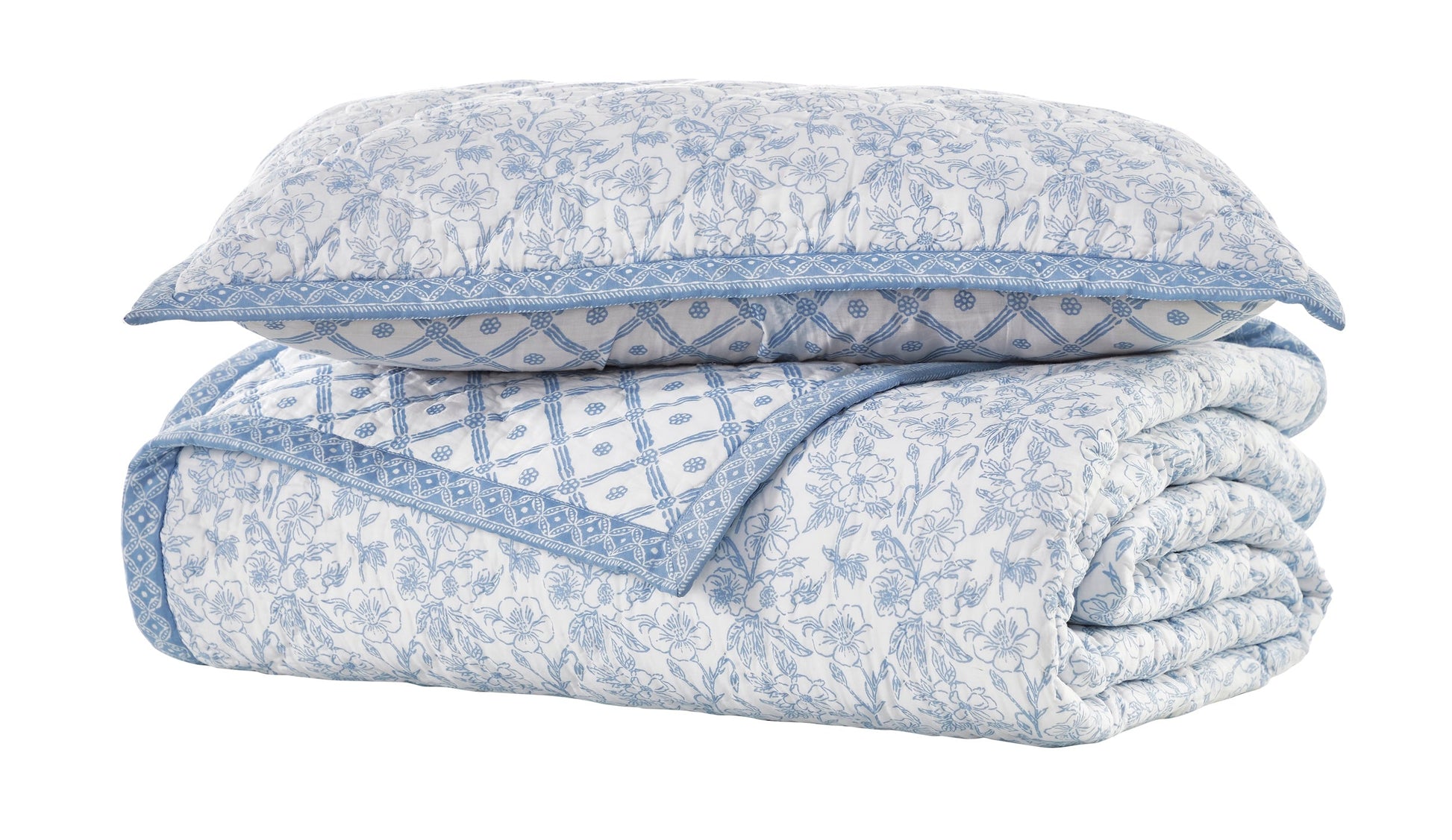 ES-345-2626_2|Stacked white and blue patterned quilt and sham, featuring elegant geometric and floral details, perfect for a cozy bedroom.