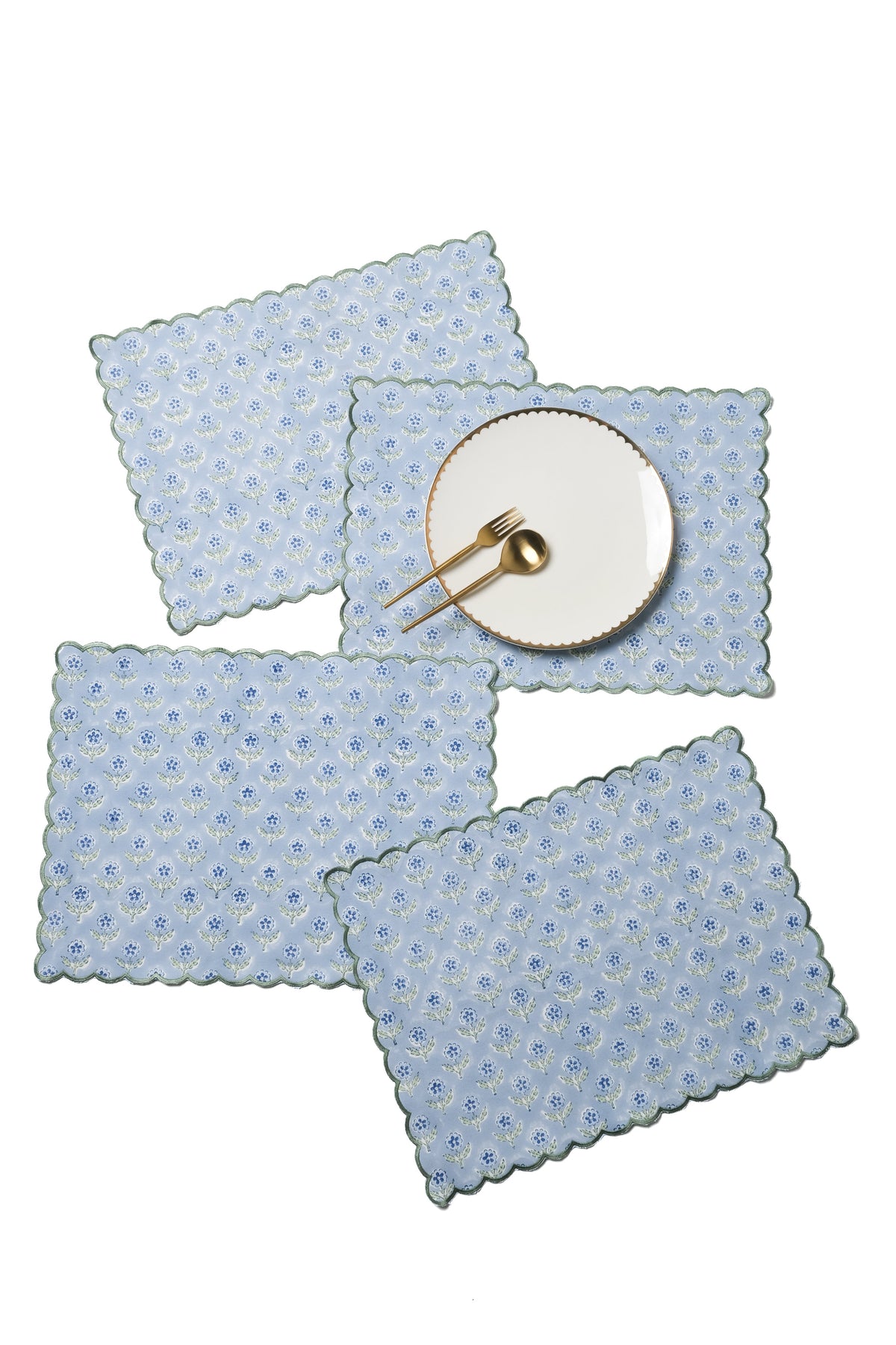 Blue scalloped embroidered blockprint placemats with plate from Inner Child