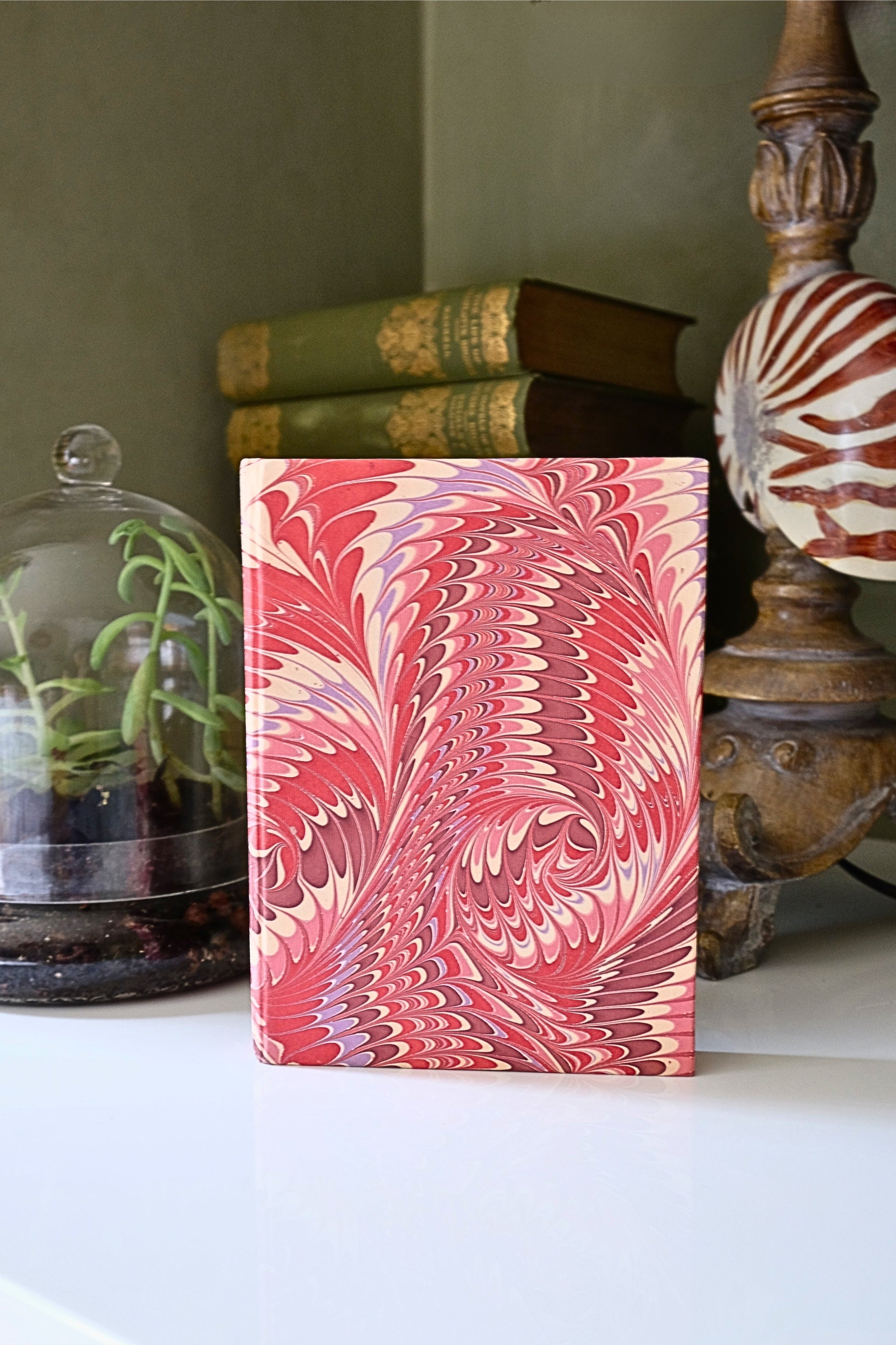 Hand-marbled hardcover notebook in florentine pink
