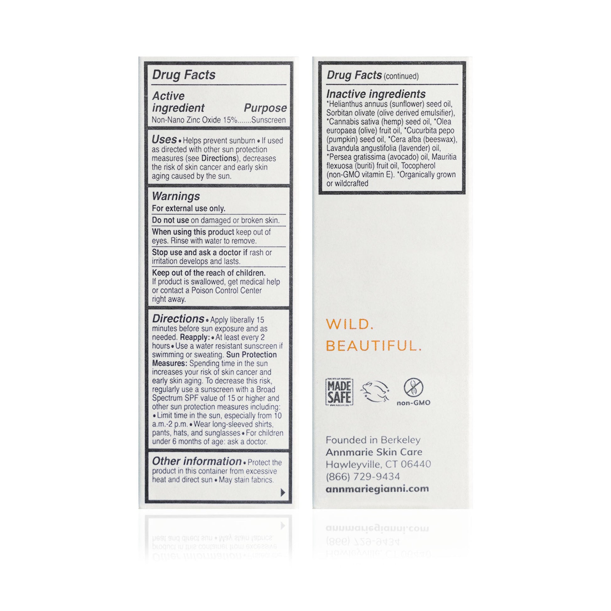 Sun Love Everyday Sheer Sunscreen SPF 20 drug facts panel showing zinc oxide active ingredient, directions, warnings, and full ingredient list.