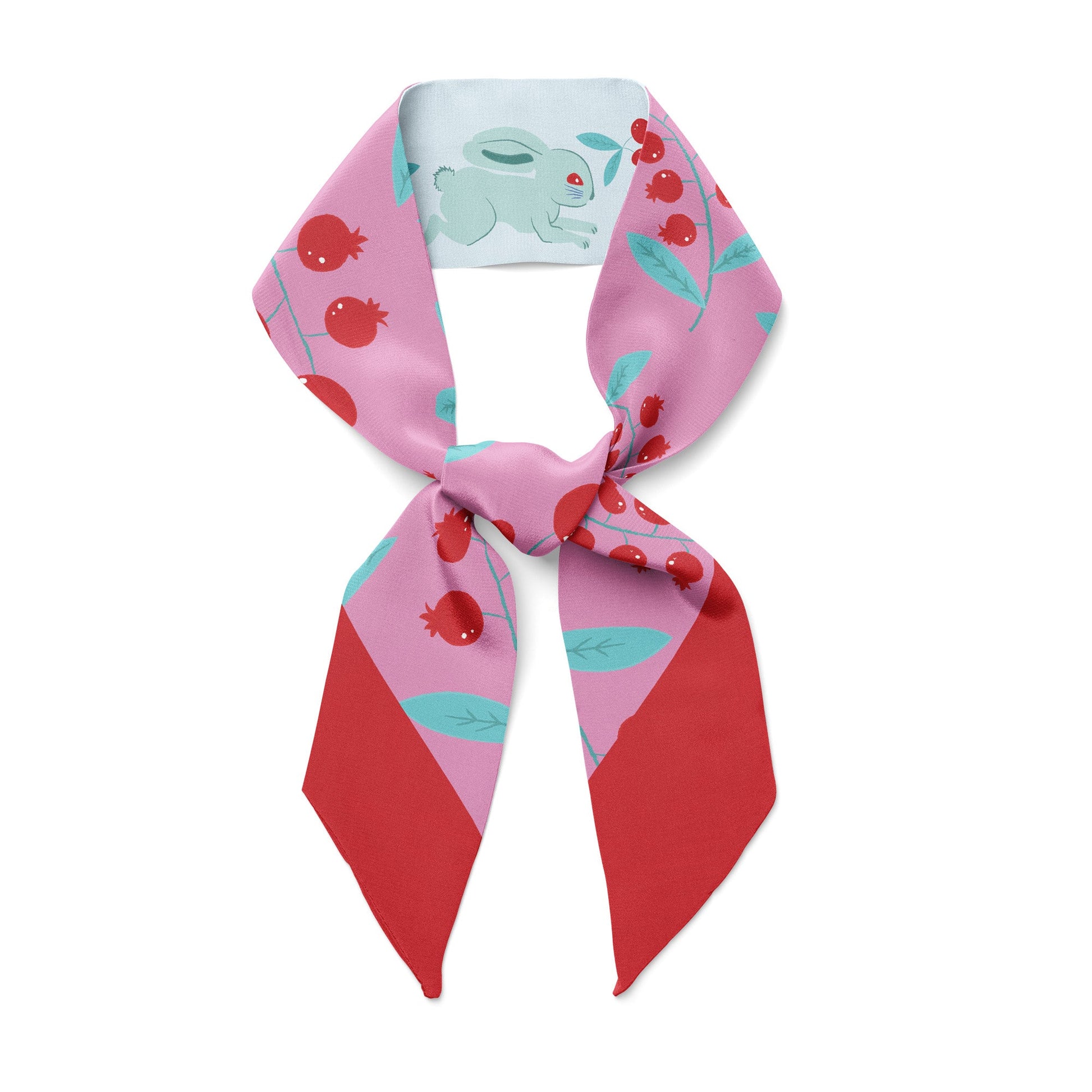Lingonberries and bunnies on twilly bow ribbon silk scarf.