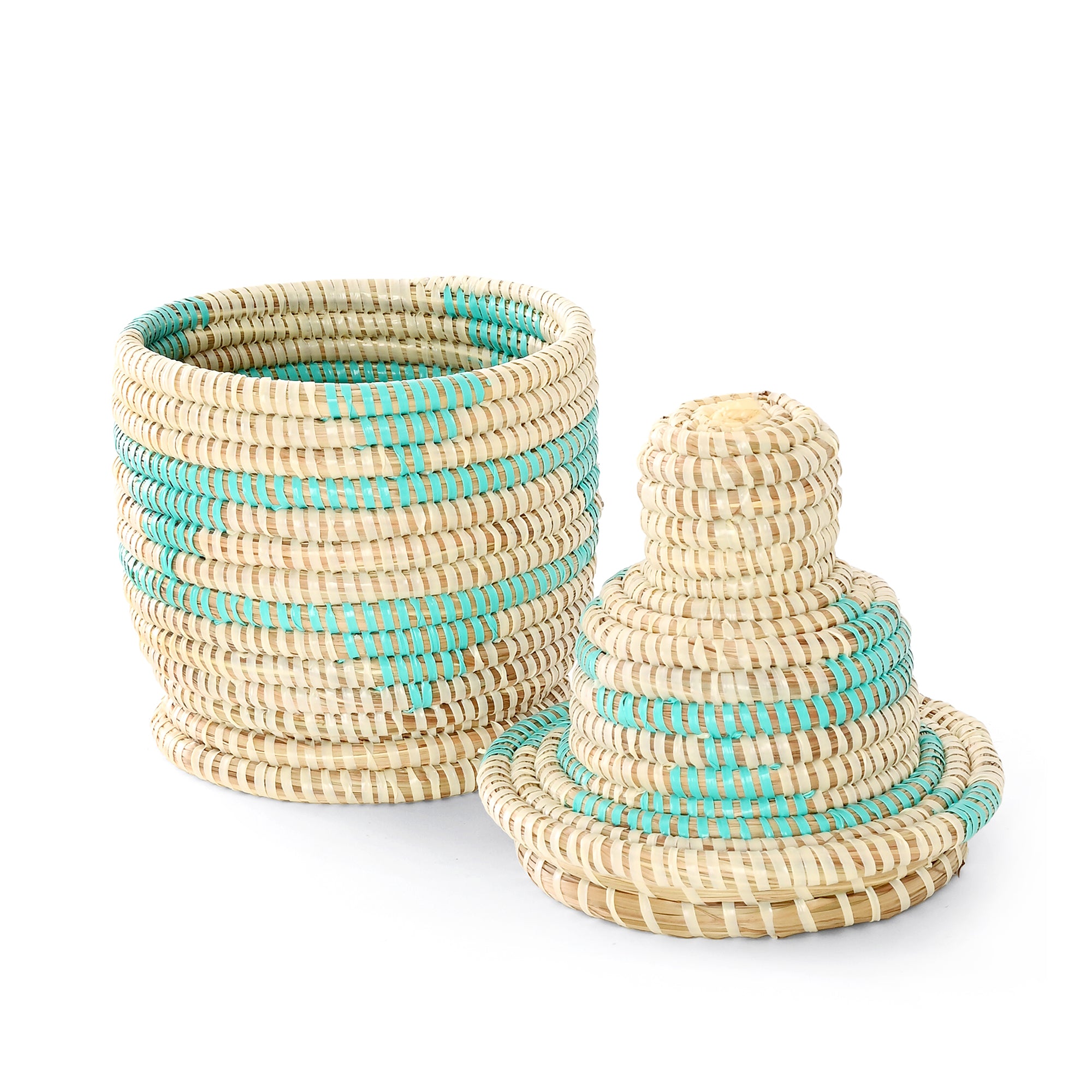 Small Cream and Aqua Lidded Tower Basket
