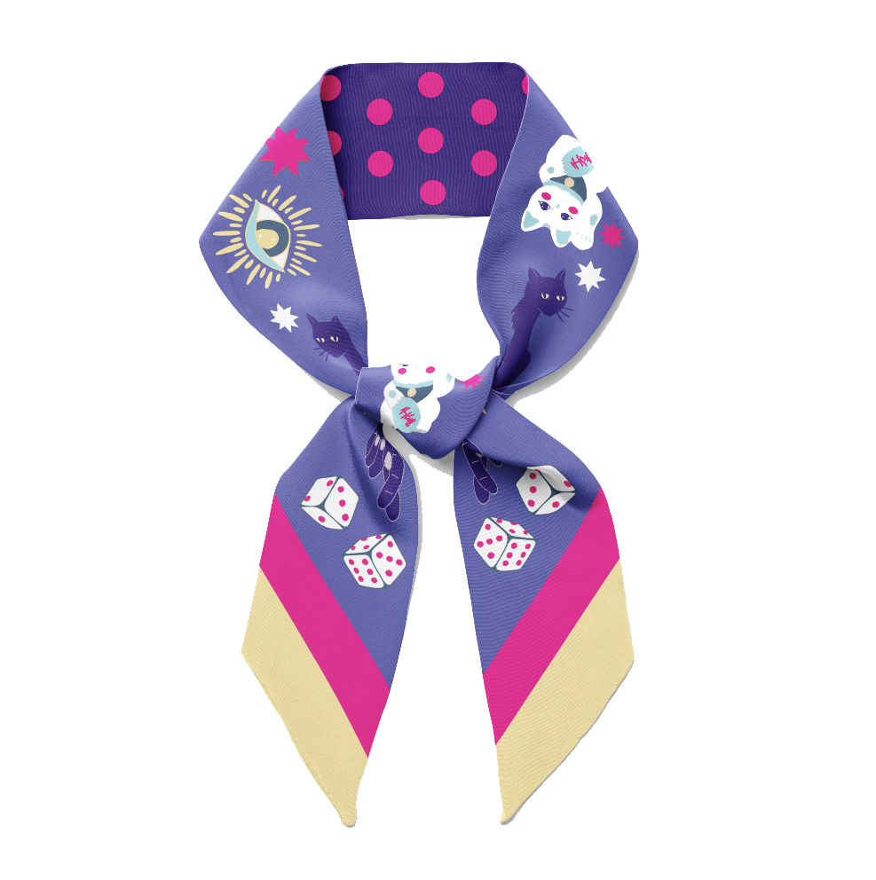 Fortune twilly silk scarf skinny ribbon on blue, with white and hot pink touches, is full of lucky charms, maneki cat, tarot card, black cat, crossing fingers, dice and more. Double sided